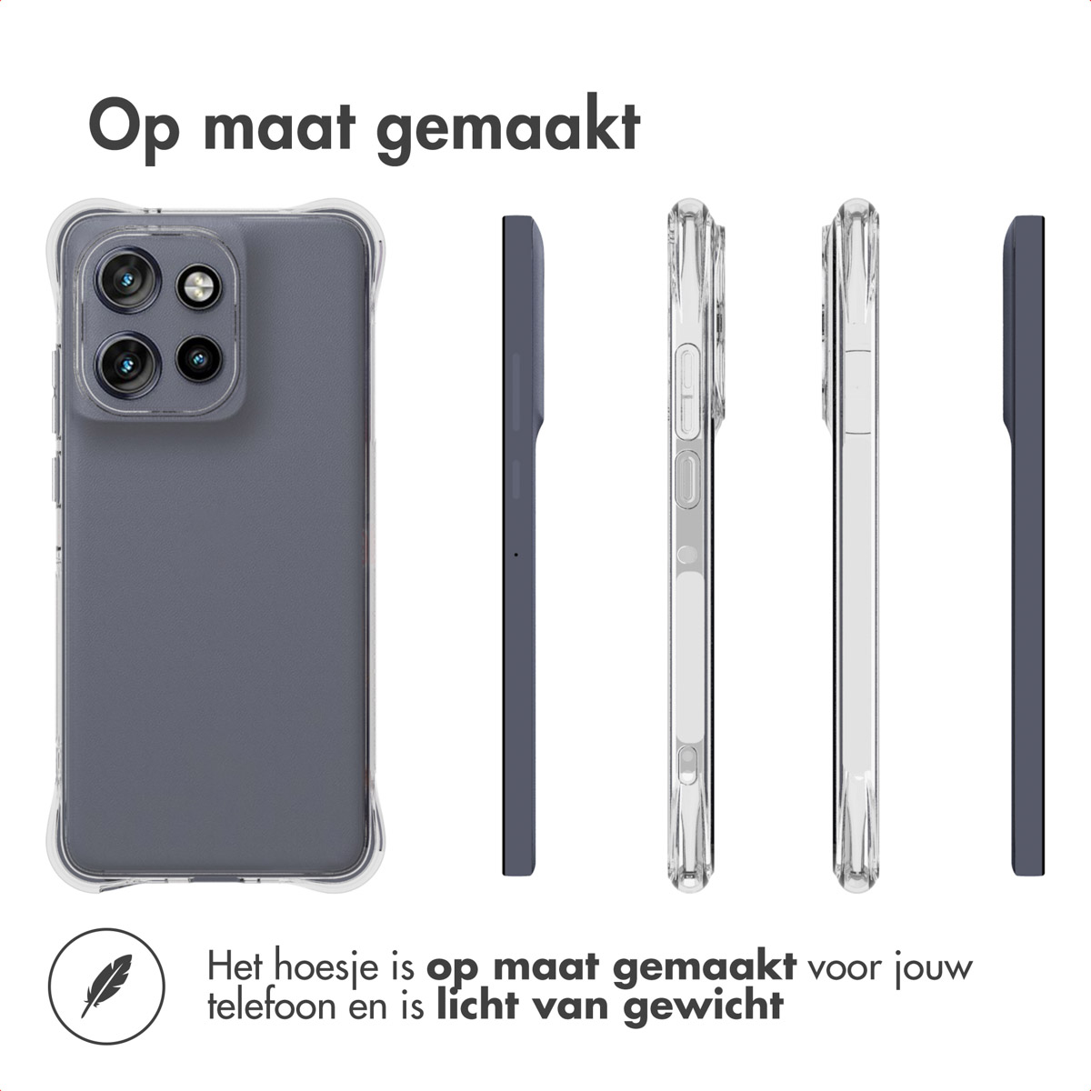 Een telefoonhoesje wordt vanuit meerdere hoeken getoond. De hoes is grijs met een doorzichtige rand. Bovenin staat 'Op maat gemaakt'.