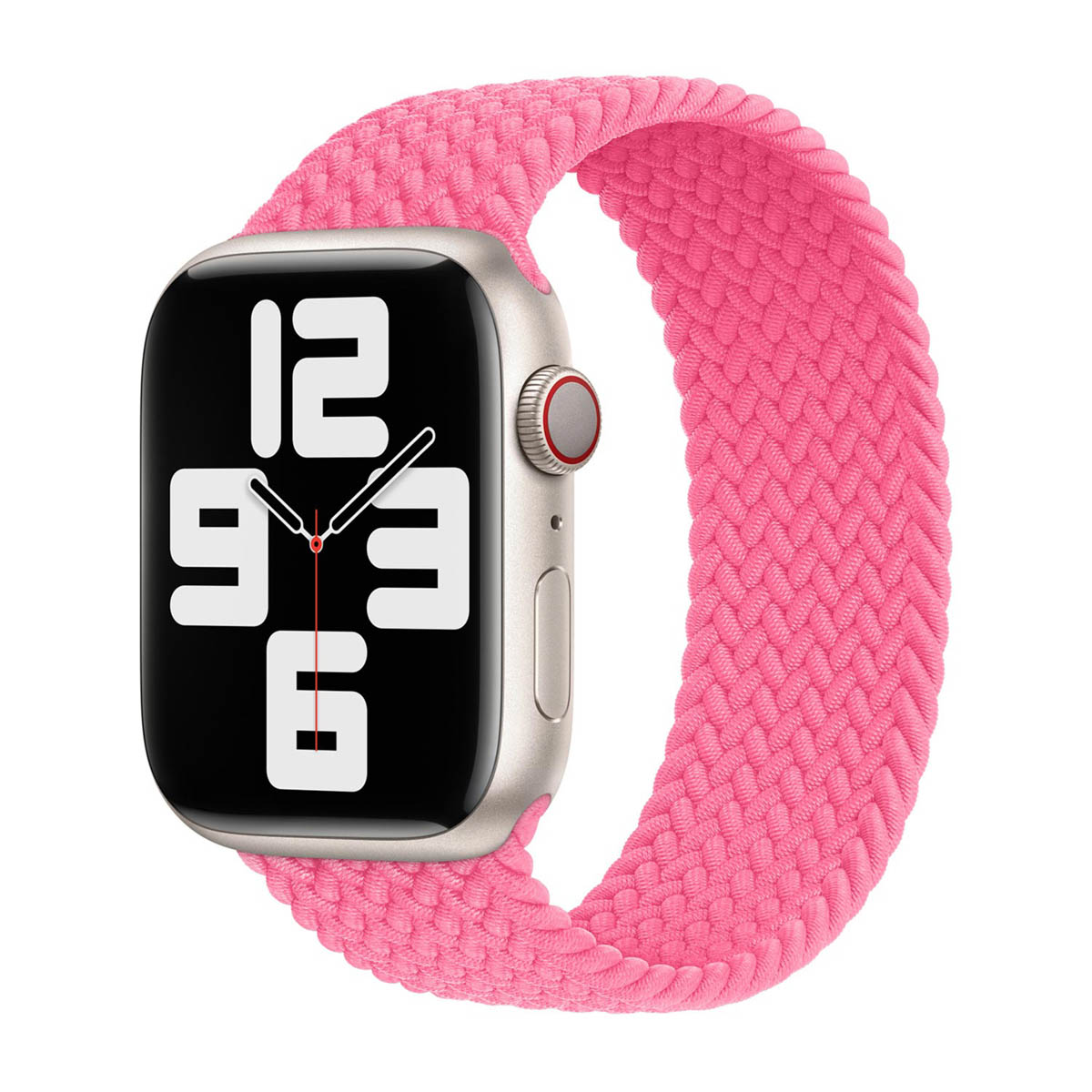 Een Apple Watch met een zilveren kast en een roze gevlochten band. De wijzerplaat toont de tijd. Witte achtergrond.
