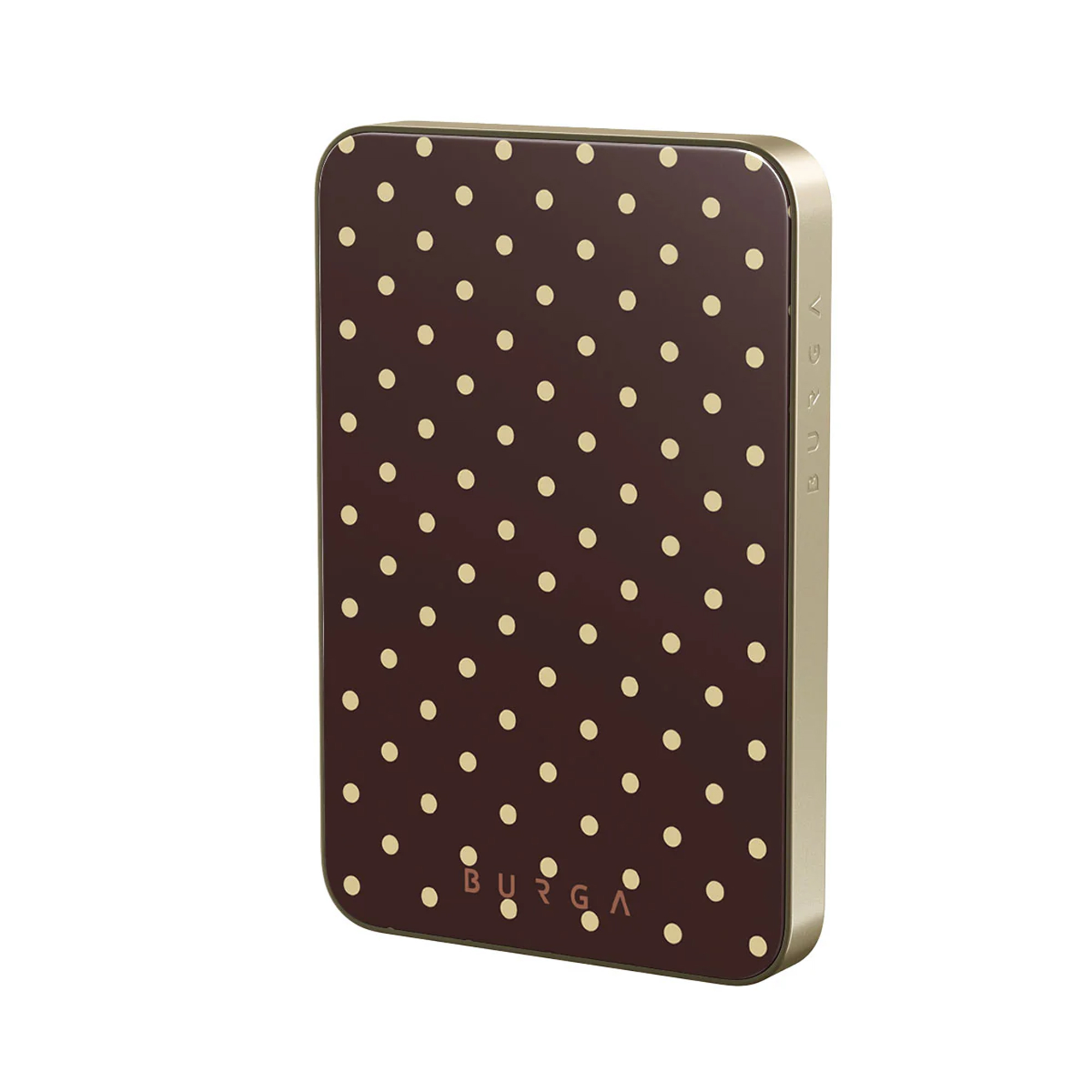 Un étui rectangulaire à pois marron et bords dorés. Le nom de la marque est en bas.