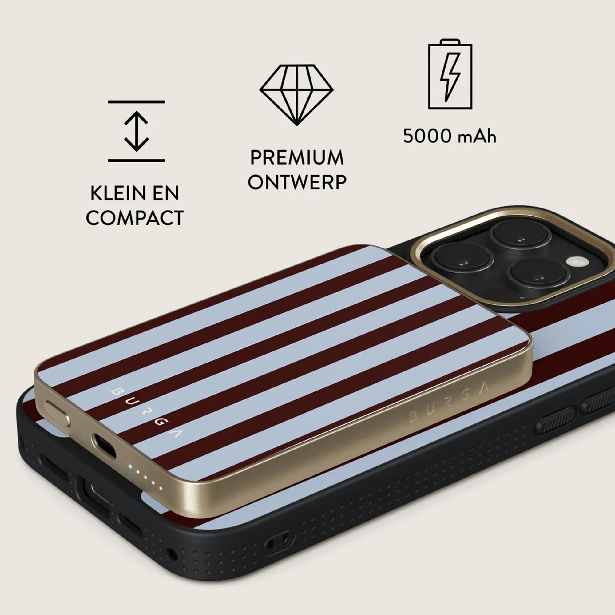 Coque de téléphone à rayures, cadre doré et marque, sur le téléphone. Texte : Premium, Klein en Compact, 5000 mAh.