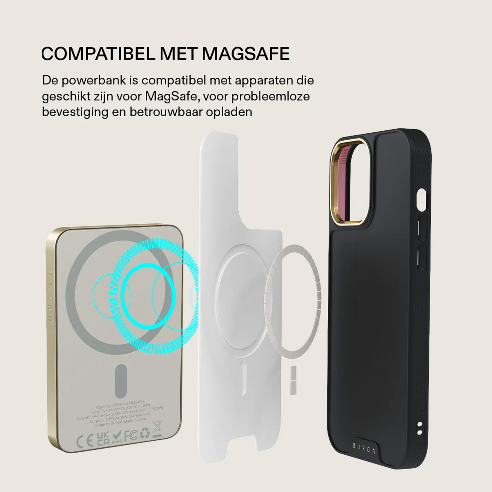 L'image montre une batterie externe, un étui de téléphone et un dos de téléphone, tous compatibles MagSafe.