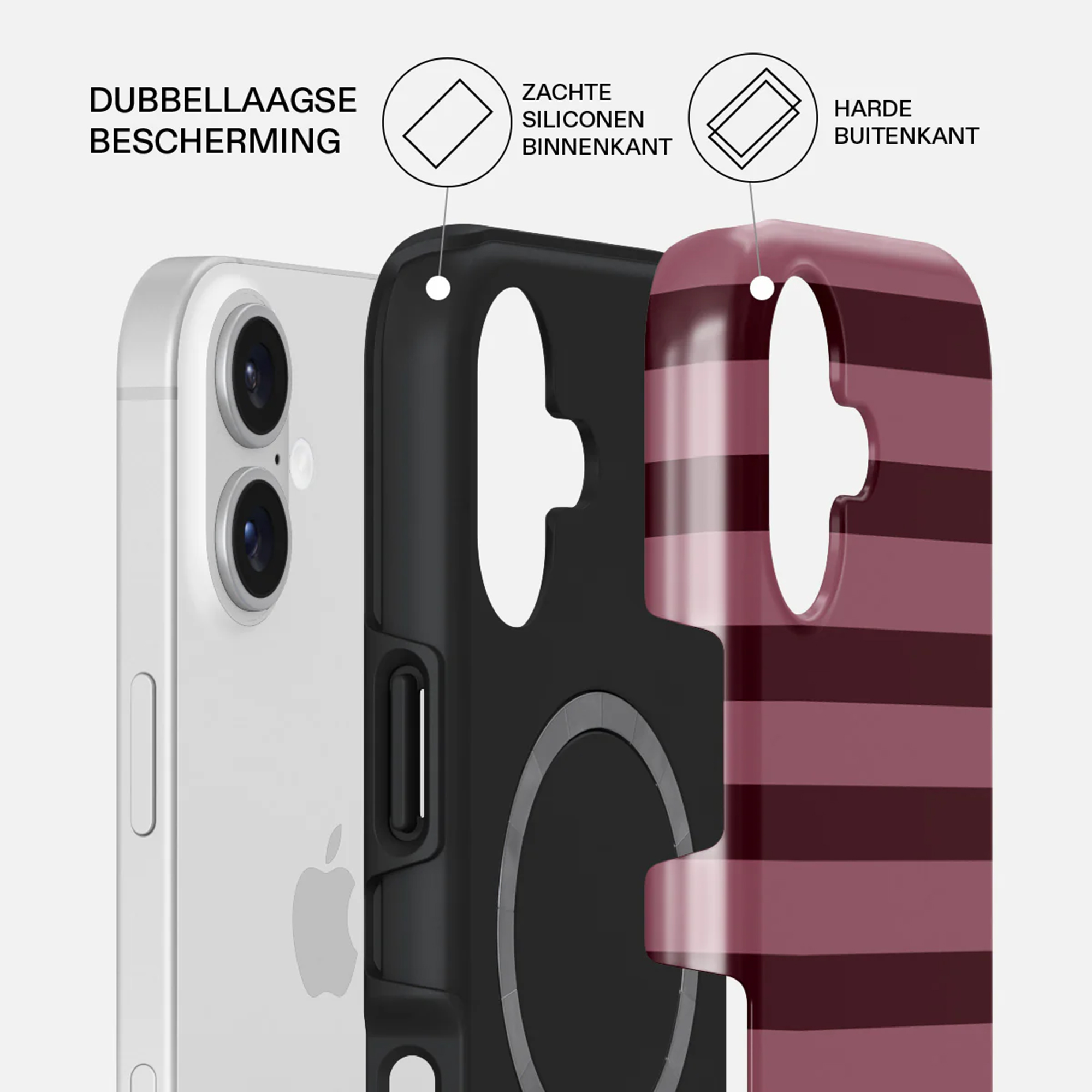 Coque de téléphone à trois couches. Téléphone blanc à gauche, couche intermédiaire noire et couche extérieure rayée bordeaux.