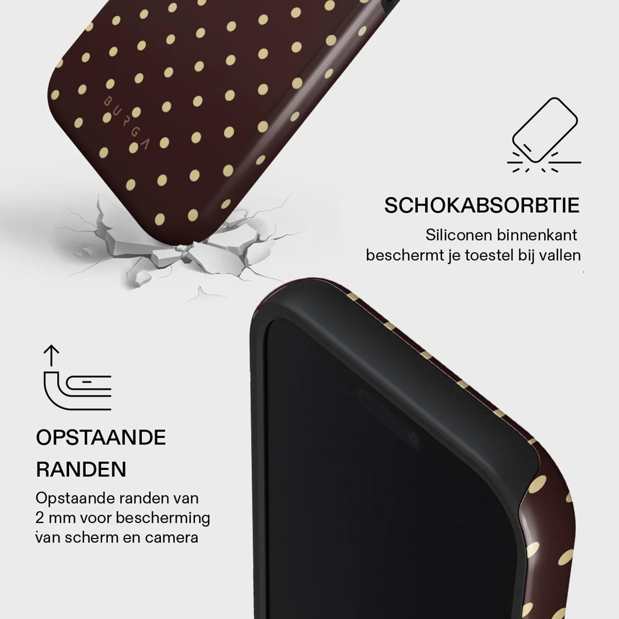 Gezeigte Handyhülle mit braunem Polka-Dot-Design. Text hebt Stoßdämpfung und erhöhte Kanten hervor.