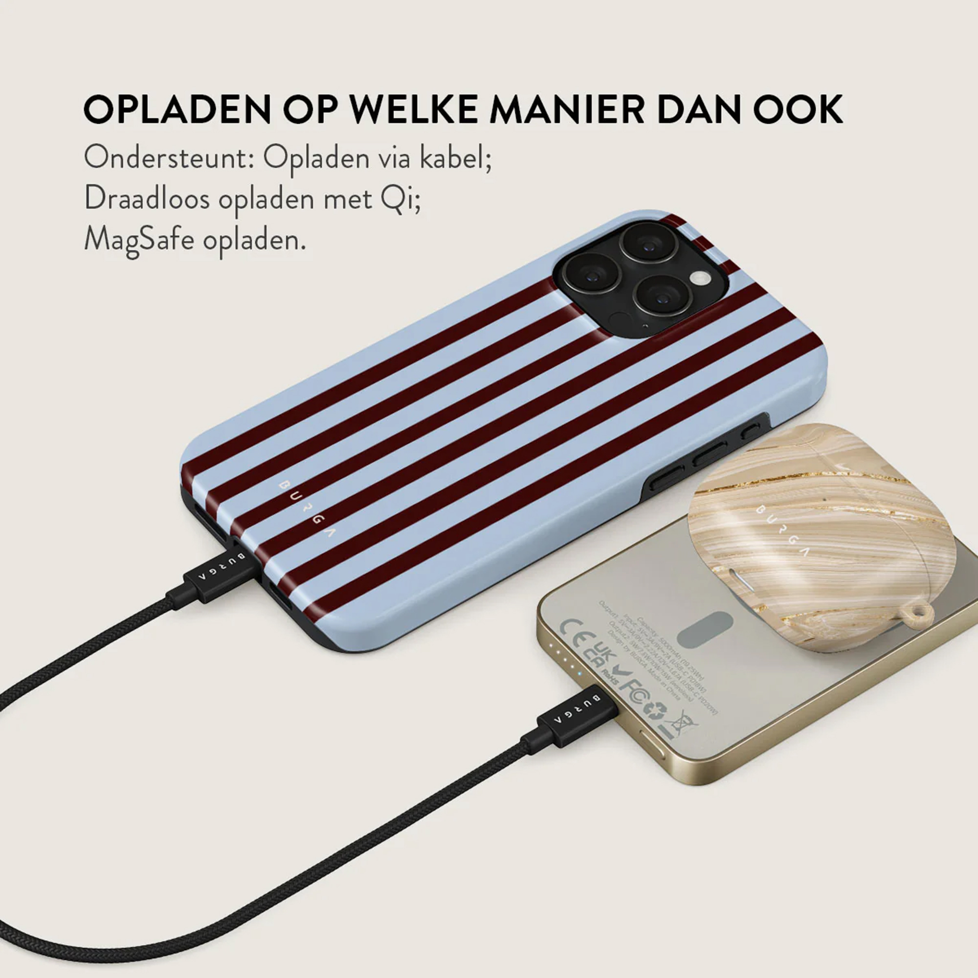 Le téléphone avec étui se charge par câble. Étui AirPods à côté. Texte en haut : charge par câble, Qi ou MagSafe.