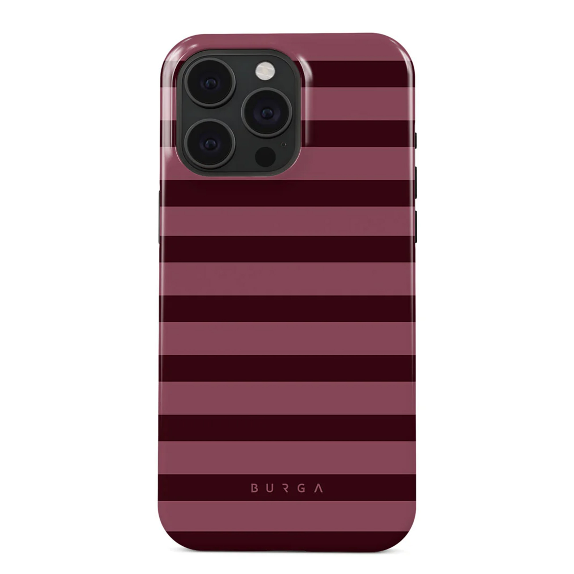 Telefoonhoesje met horizontale bordeauxrode strepen. Bovenkant heeft cameralenzen. Merk BURGA onderaan.