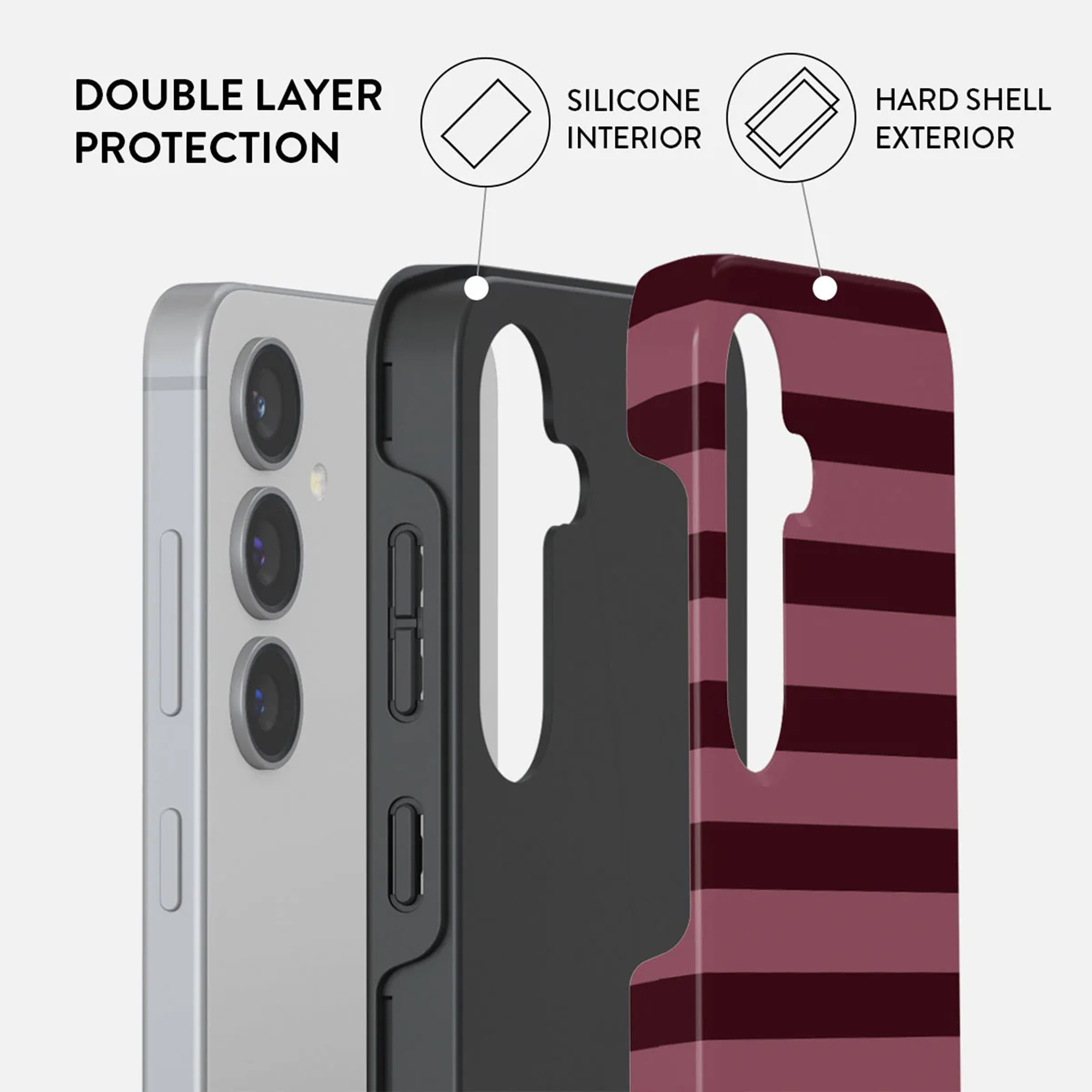 Coque de téléphone à double couche de protection. Comprend un téléphone argenté, un intérieur en silicone noir et un extérieur rigide rayé.