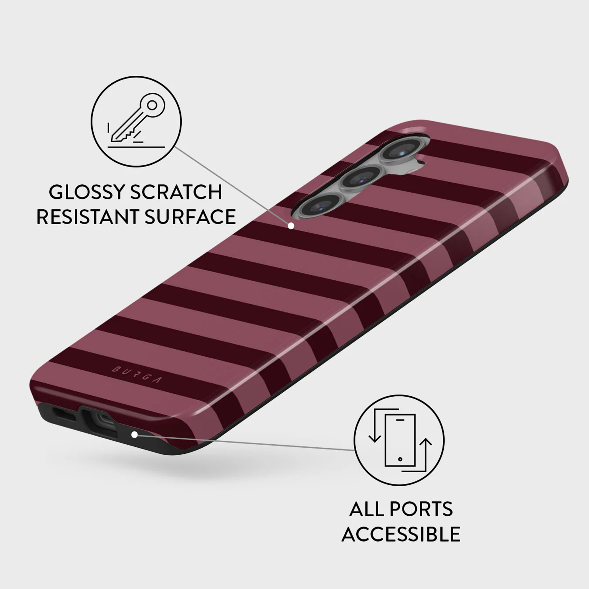 Coque de téléphone à rayures bordeaux. Texte : Surface brillante résistante aux rayures et tous les ports accessibles.
