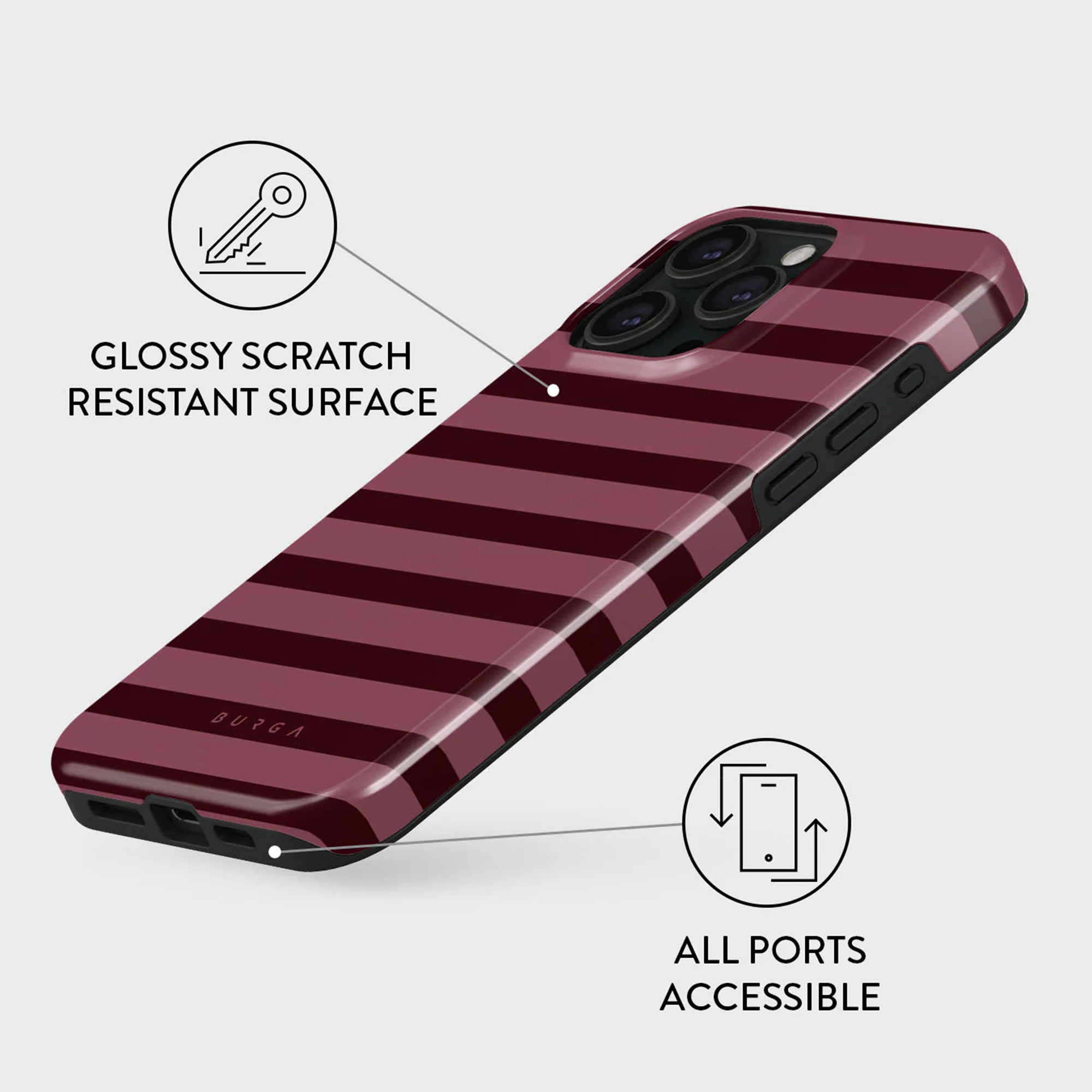 Een telefoonhoesje met bordeauxrode strepen wordt getoond. Het heeft een glanzend, krasbestendig oppervlak en toegankelijke poorten.