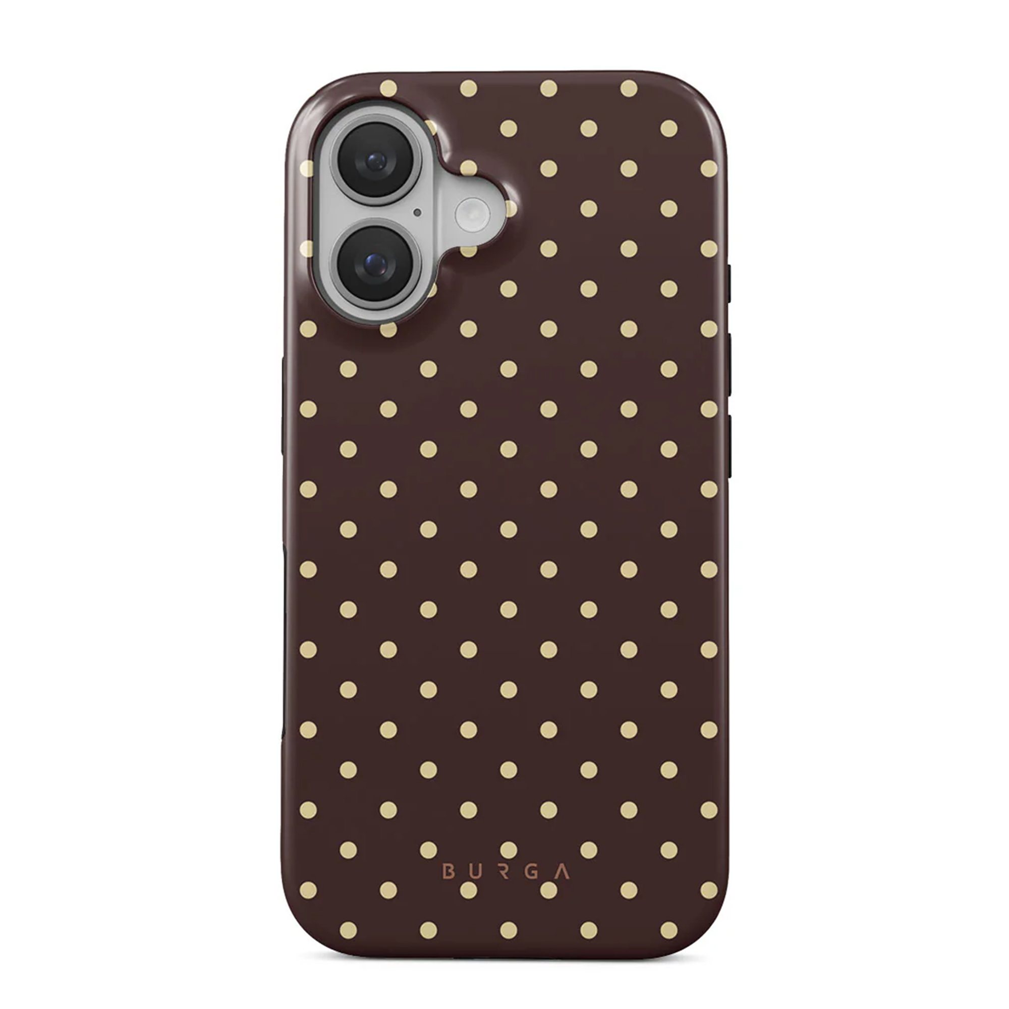 Coque de téléphone marron à pois dorés. Elle a une découpe pour l'appareil photo et la marque 'BURGA' en bas.