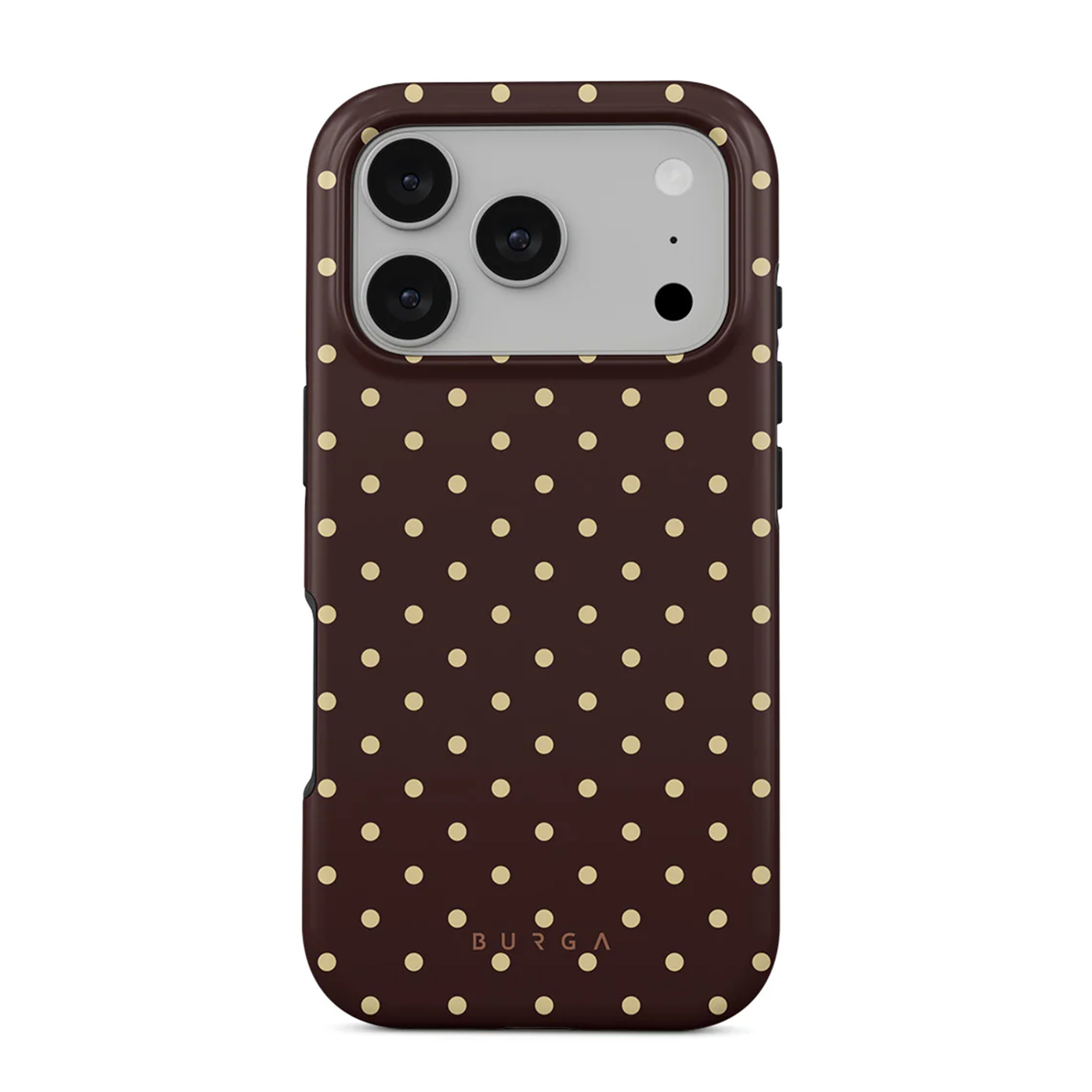 Een telefoonhoesje met een bruine achtergrond en gouden stippen. Het heeft een cameramodule en de merknaam 'BURGA' is zichtbaar.