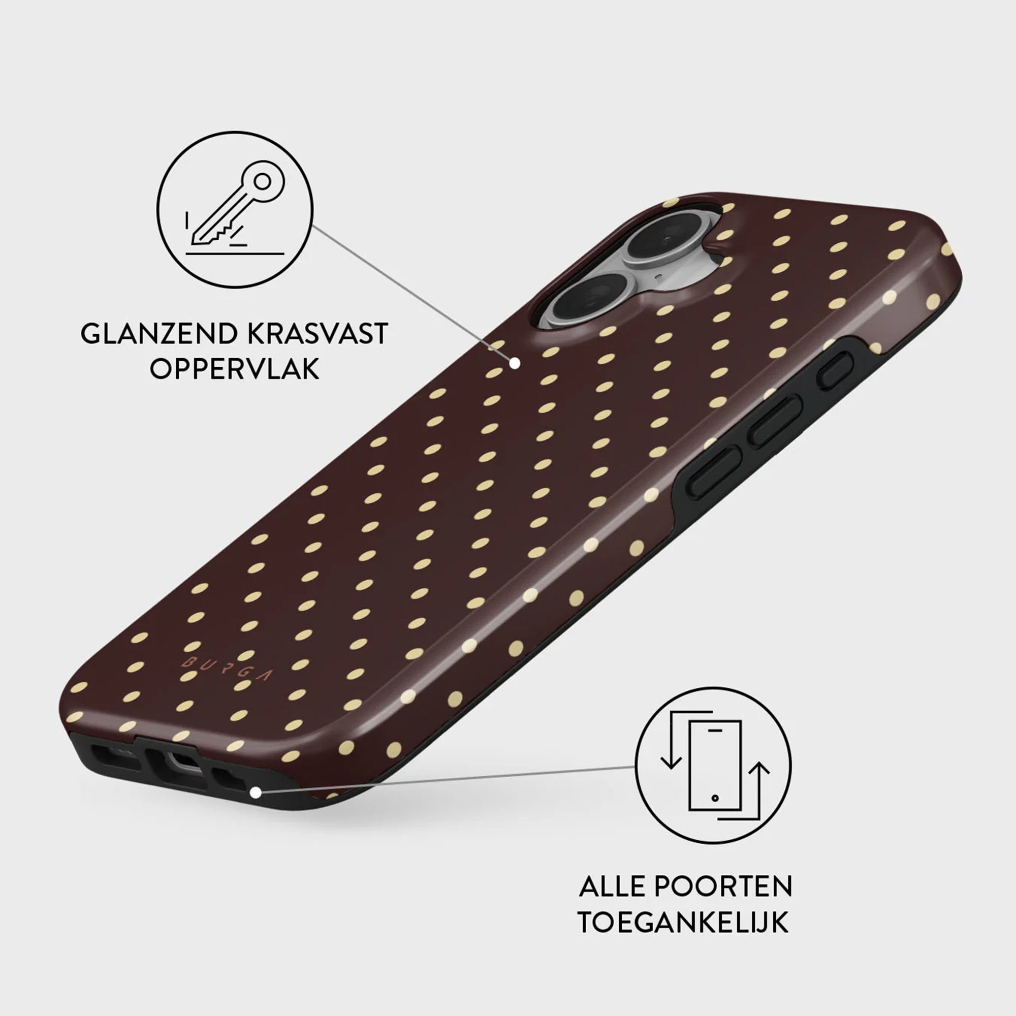 Une coque de téléphone avec un fond marron et des pois dorés. La coque a une finition brillante et est sur fond blanc.