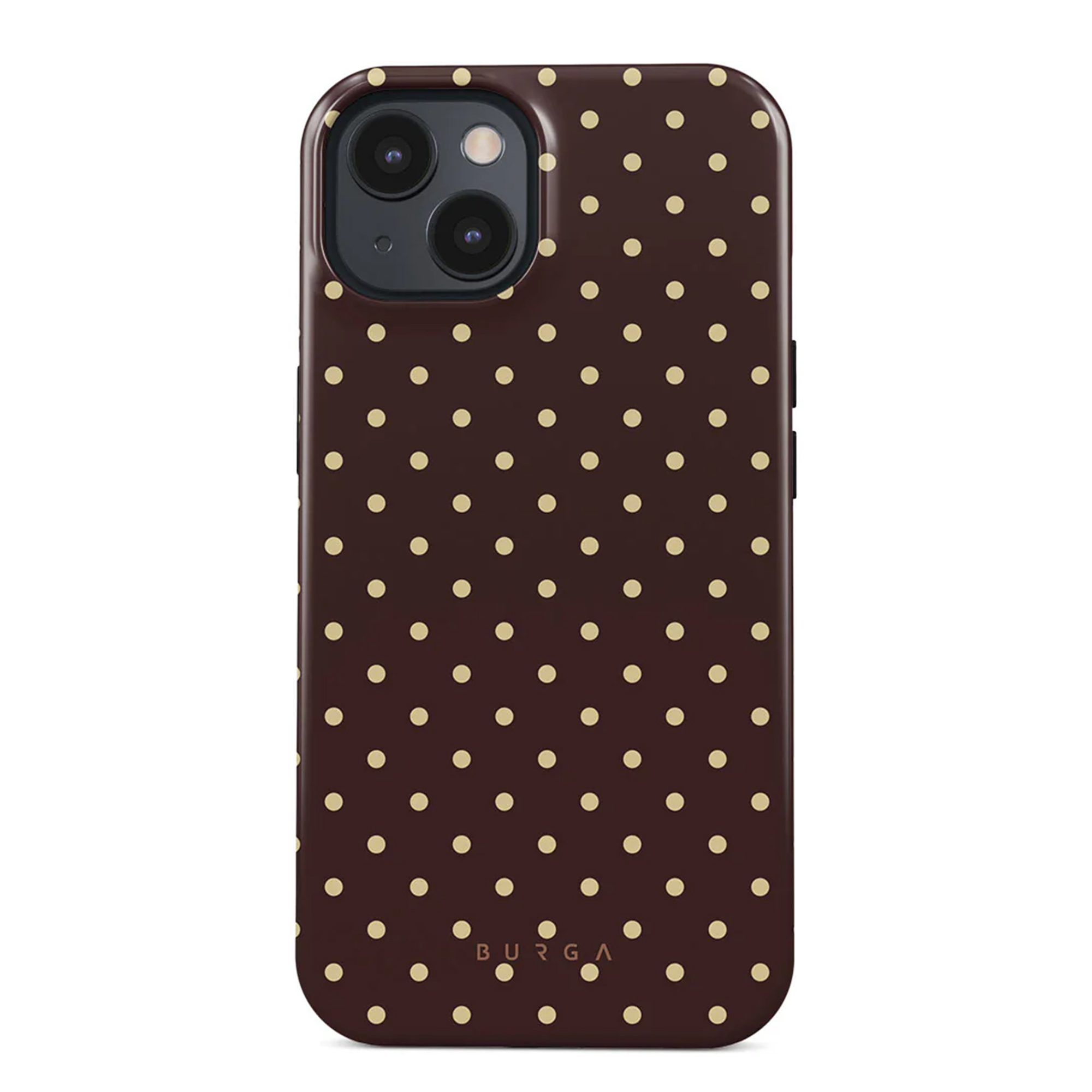 Een telefoonhoesje met een bruine achtergrond en kleine, gelijkmatig verdeelde, beige stippen. De hoes heeft een uitsparing voor de camera.