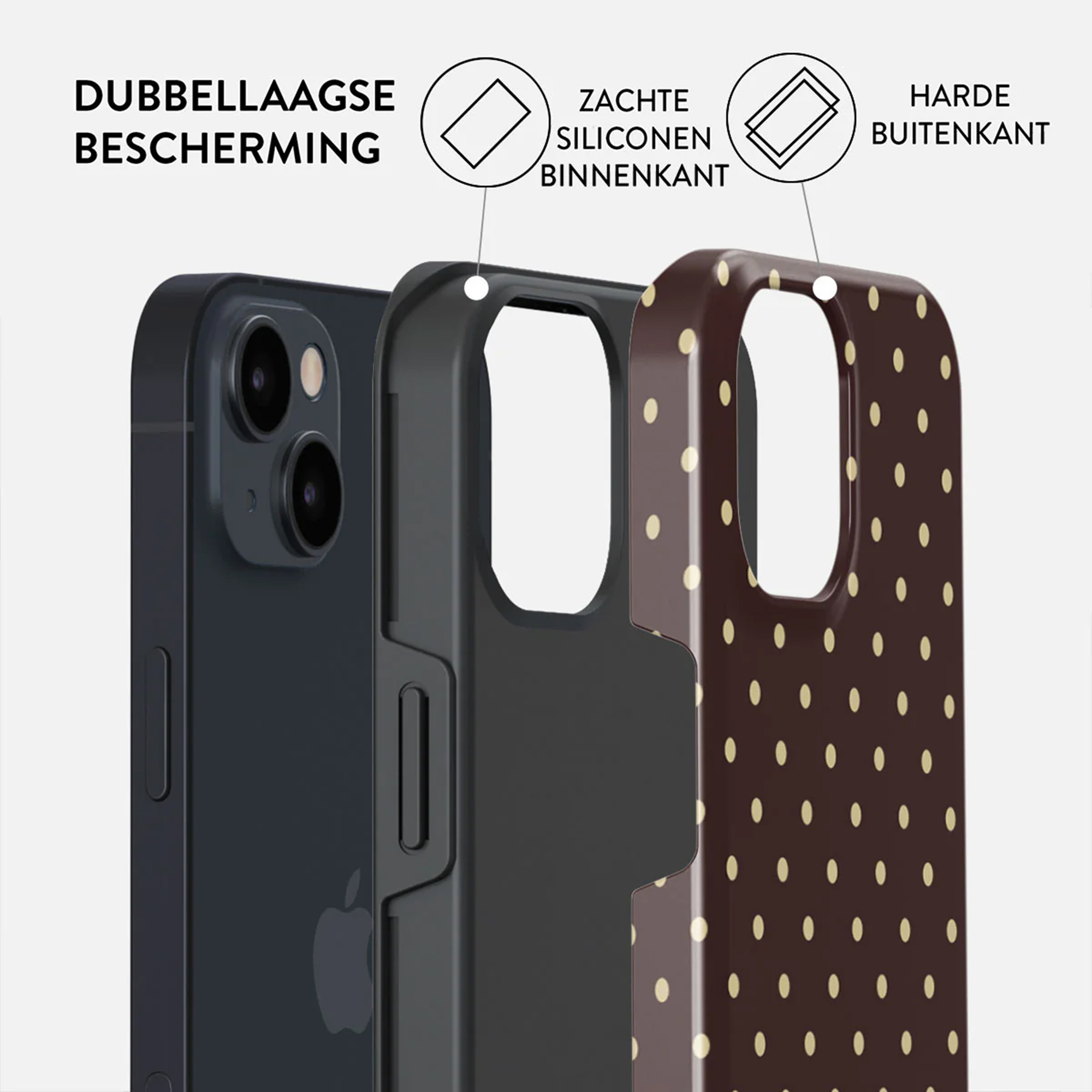 Telefoonhoesje, drie lagen: telefoon, zwart interieur, bruin exterieur met gele stippen. Tekstlabels lagen.