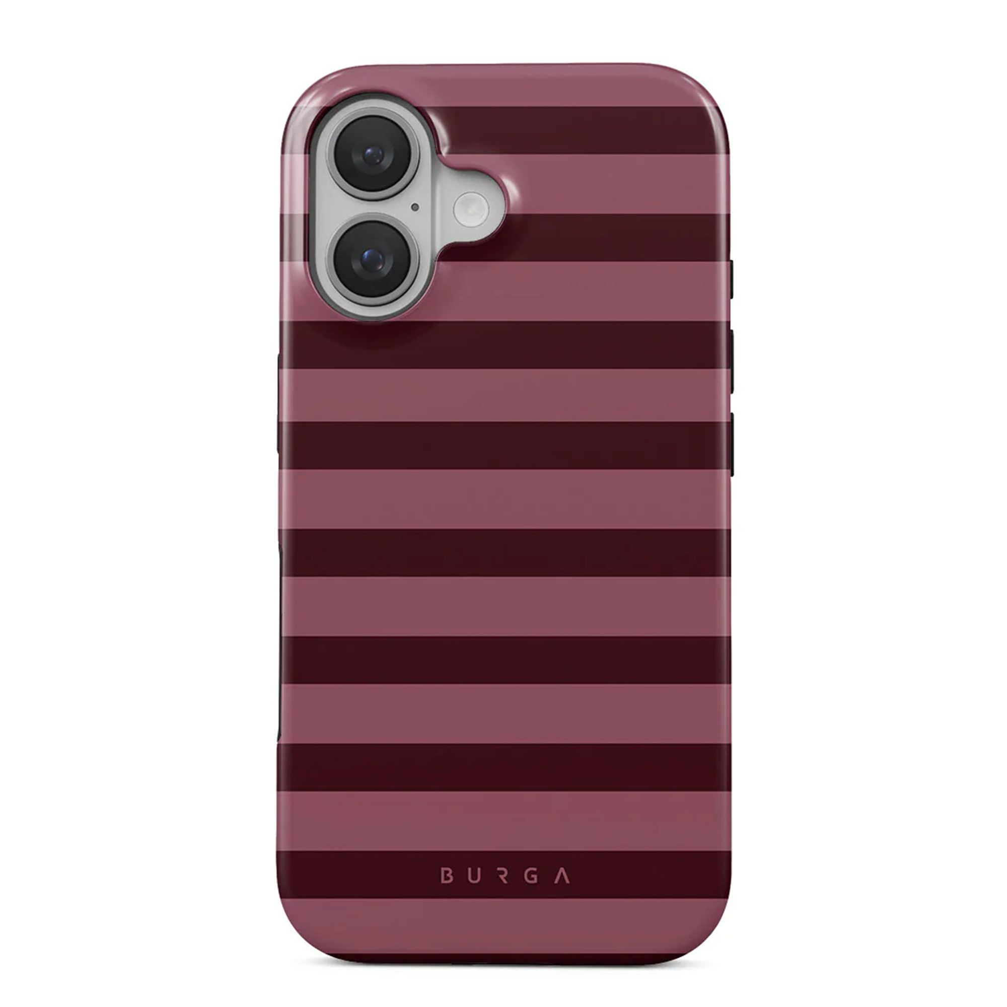 Une coque de téléphone avec un motif rayé bordeaux foncé et clair, avec deux lentilles de caméra.