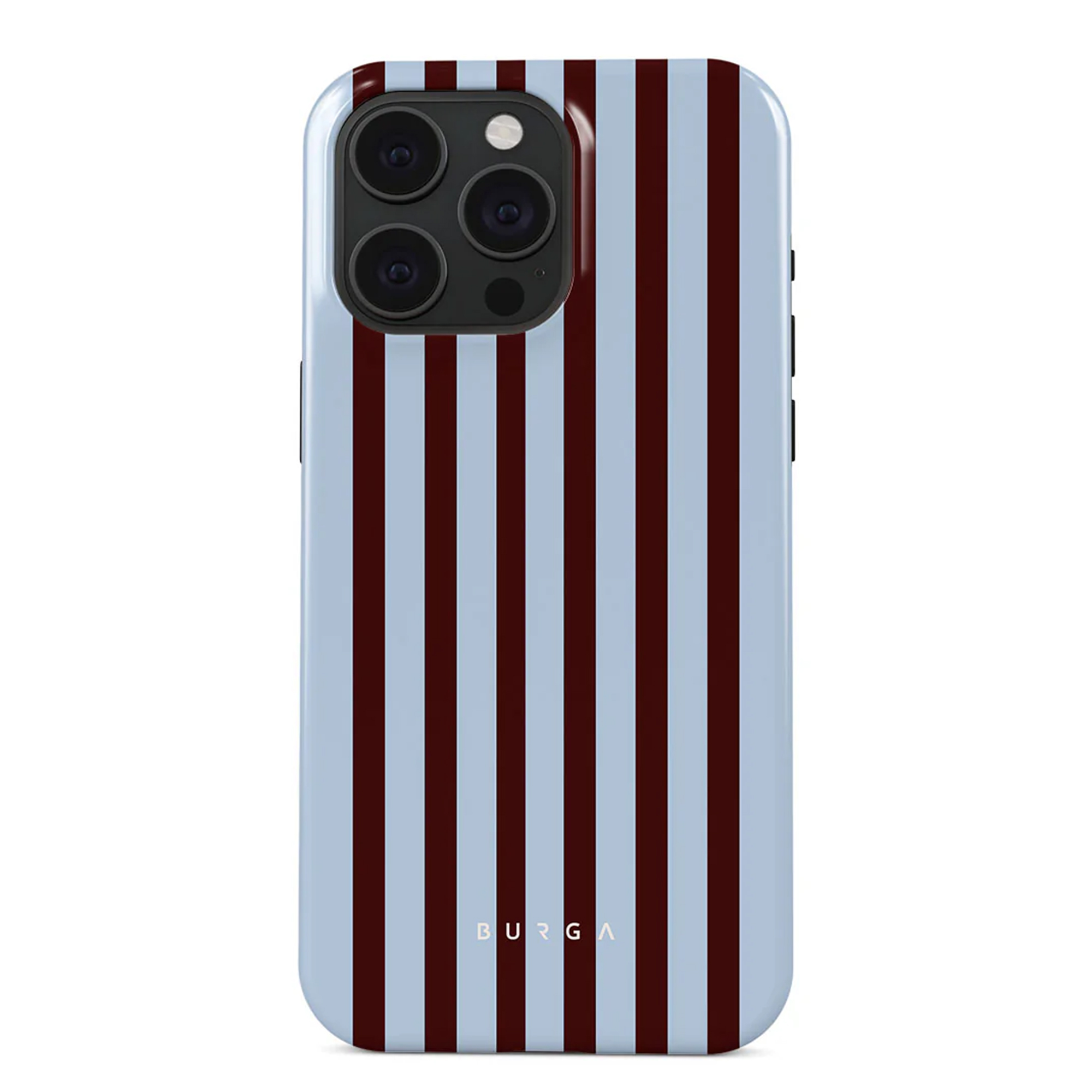 Telefoonhoesje met afwisselende bordeauxrode en lichtblauwe verticale strepen. Cameralenzen bovenaan. Het woord BURGA staat onderaan.