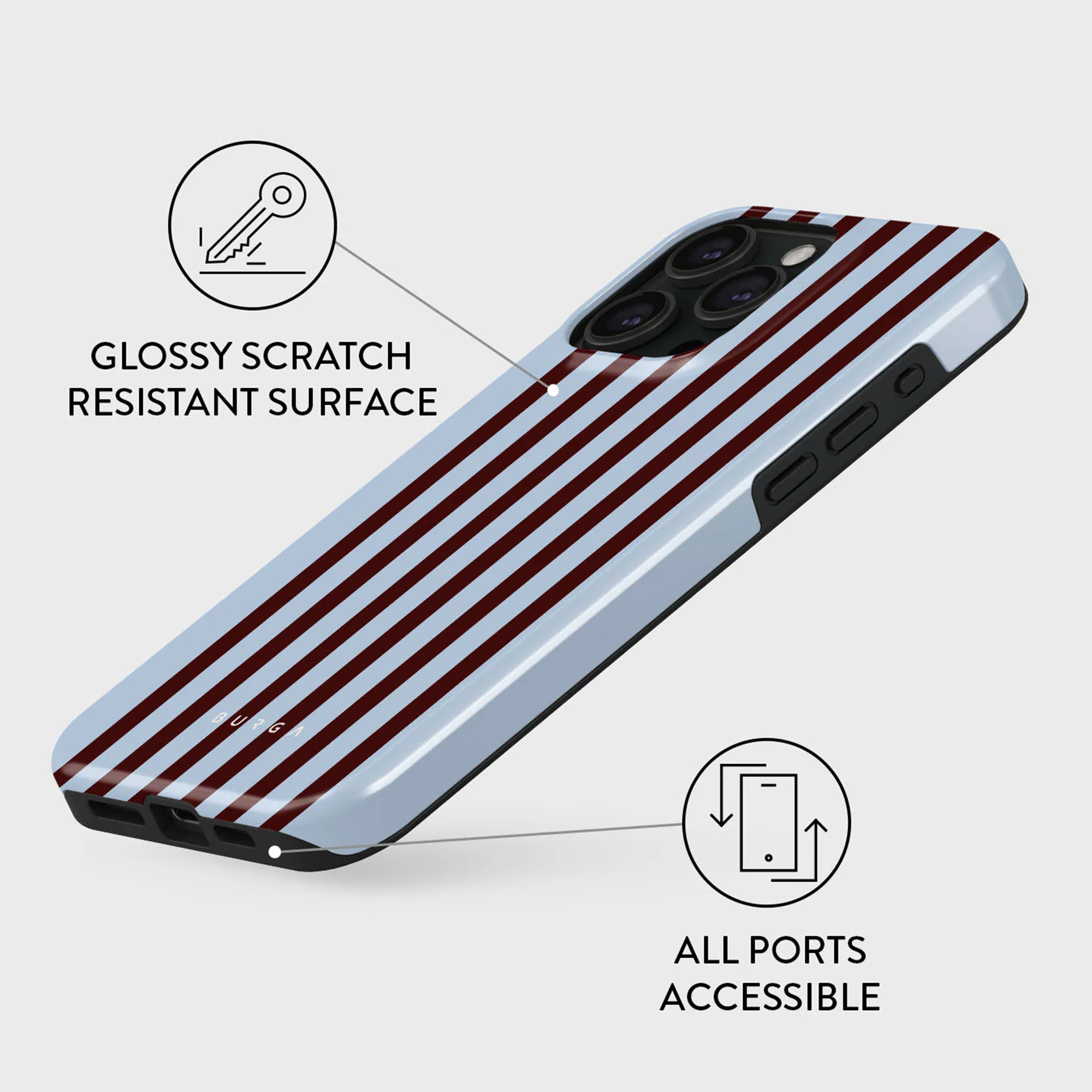 Een telefoonhoesje met verticale bordeauxrode strepen op een lichtblauwe achtergrond. Tekst: Glanzend krasbestendig oppervlak, Alle poorten toegankelijk.