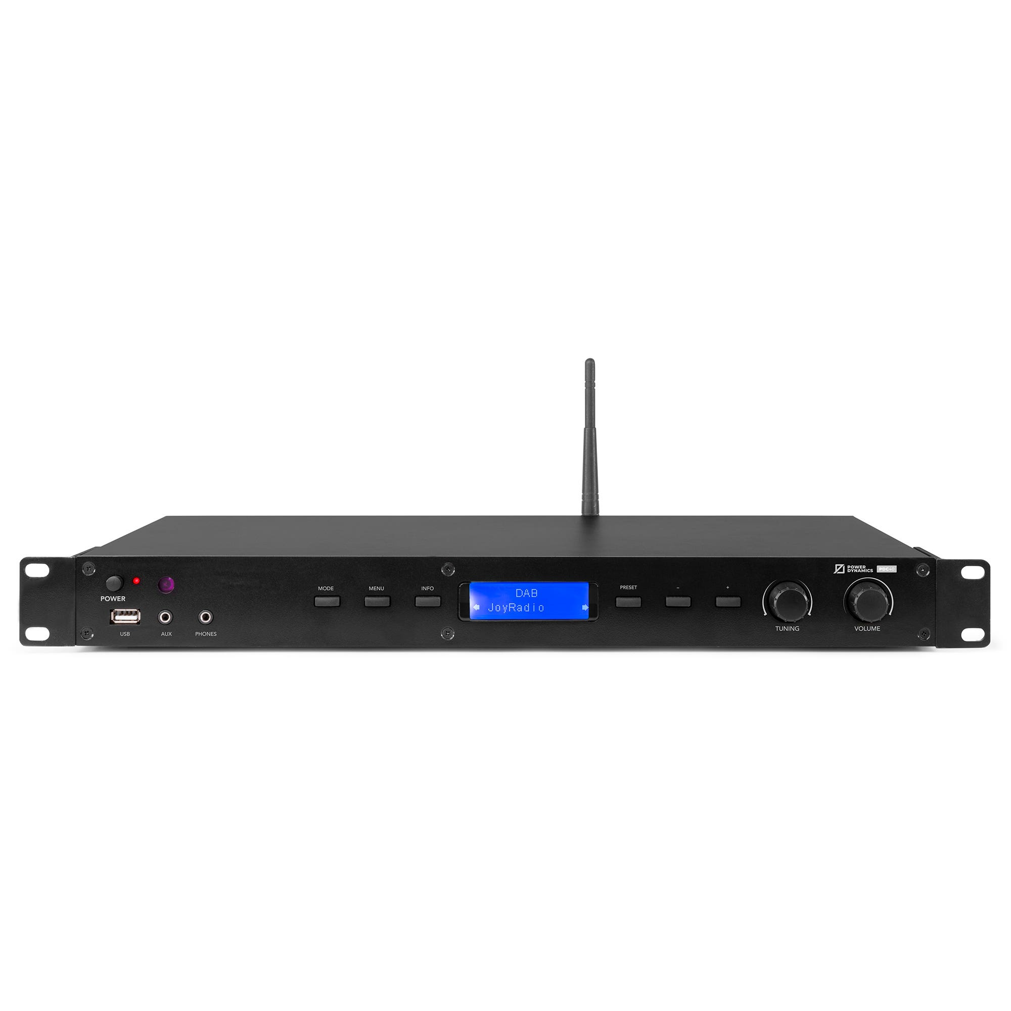 Receptor de radio negro con antena, pantalla azul muestra DAB Joyradio. Botones y perillas para encendido, sintonización y volumen.