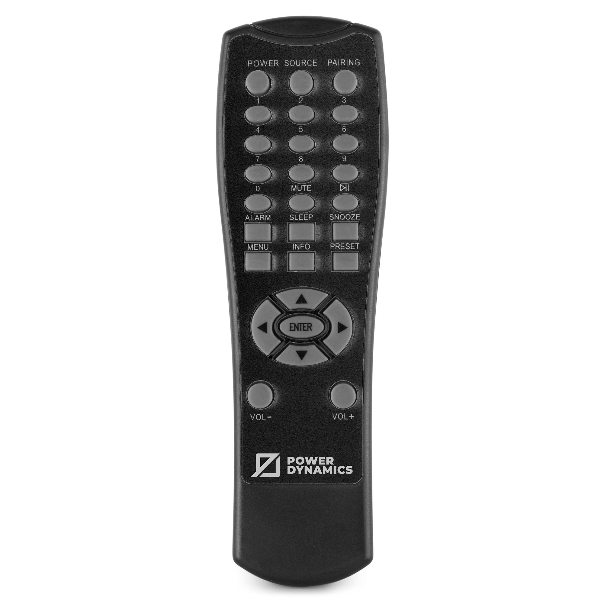 Un mando a distancia negro Power Dynamics con botones para encendido, números y volumen. El logotipo está abajo.