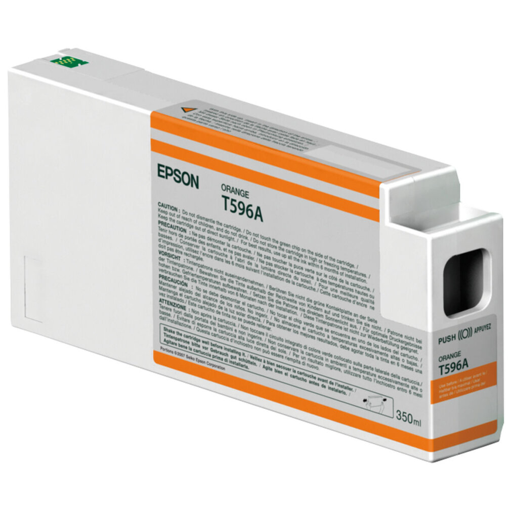 Epson orange Tintenpatrone. Weiß-orange Verpackung mit Text und einem grünen Chip.