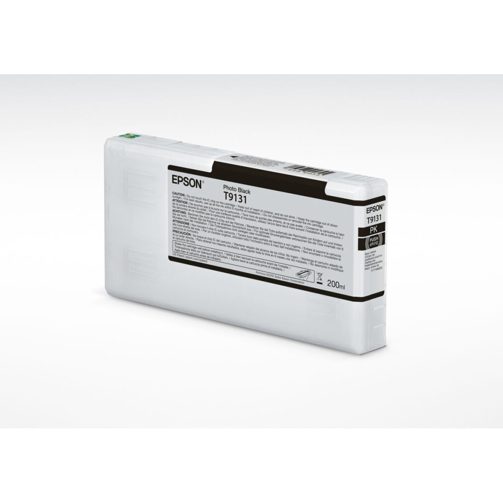 Een zwarte Epson fototankcartridge, model T9131, op een wit oppervlak. De cartridge is gelabeld met waarschuwingen en capaciteit.