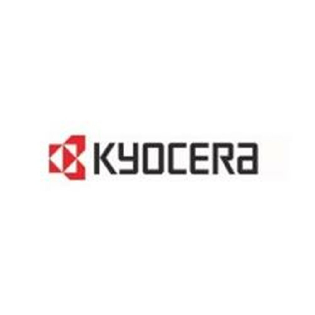 Logo Kyocera na białym tle. Zawiera czerwono-biały kształt geometryczny i czarny tekst.