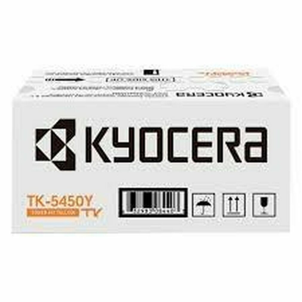 Białe pudełko Kyocera z czarnym logo i tekstem. Zawiera informacje o produkcie, kod kreskowy i symbole wysyłki.