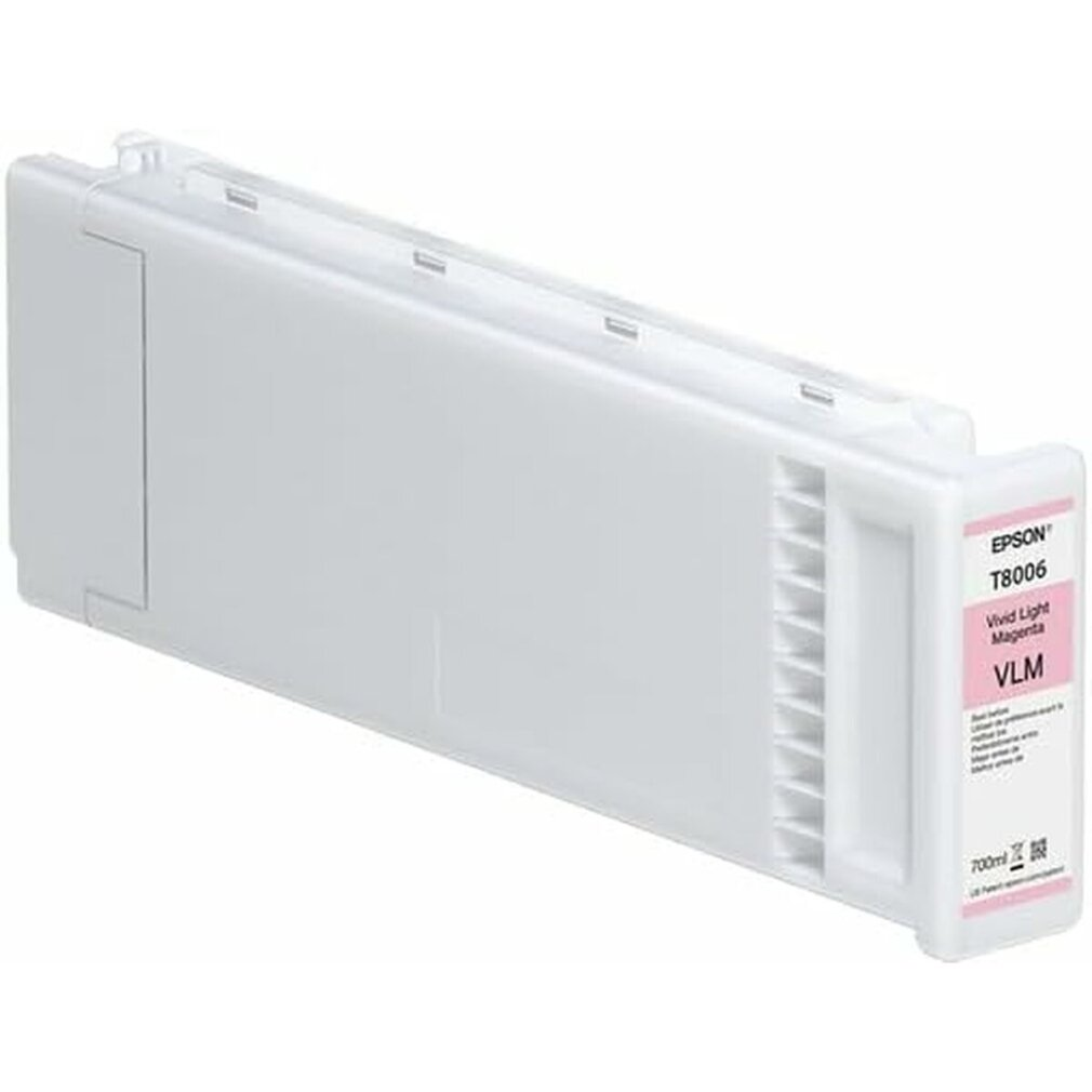 Biały zbiornik z tuszem Epson, T8006 Vivid Light Magenta. Etykieta pokazuje szczegóły i objętość 700 ml.