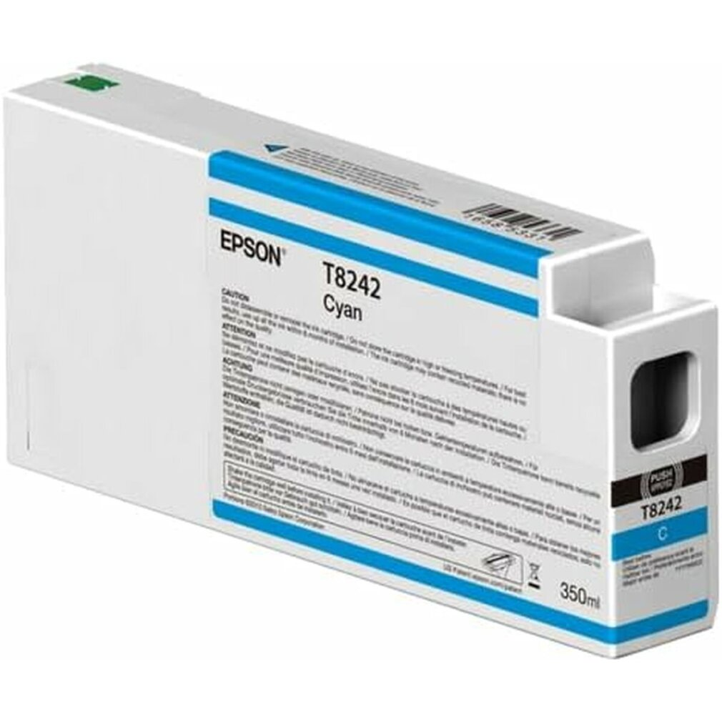 Wkład atramentowy Epson T8242 Cyan, białe pudełko z niebieskimi akcentami. Tekst zawiera 'EPSON', 'Cyan', '350ml'.