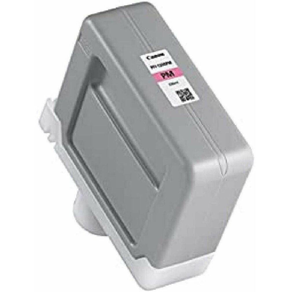 Een grijze Canon-inktcartridge met witte en roze labels. Het staat op een witte basis, diagonaal gekanteld op een witte achtergrond.