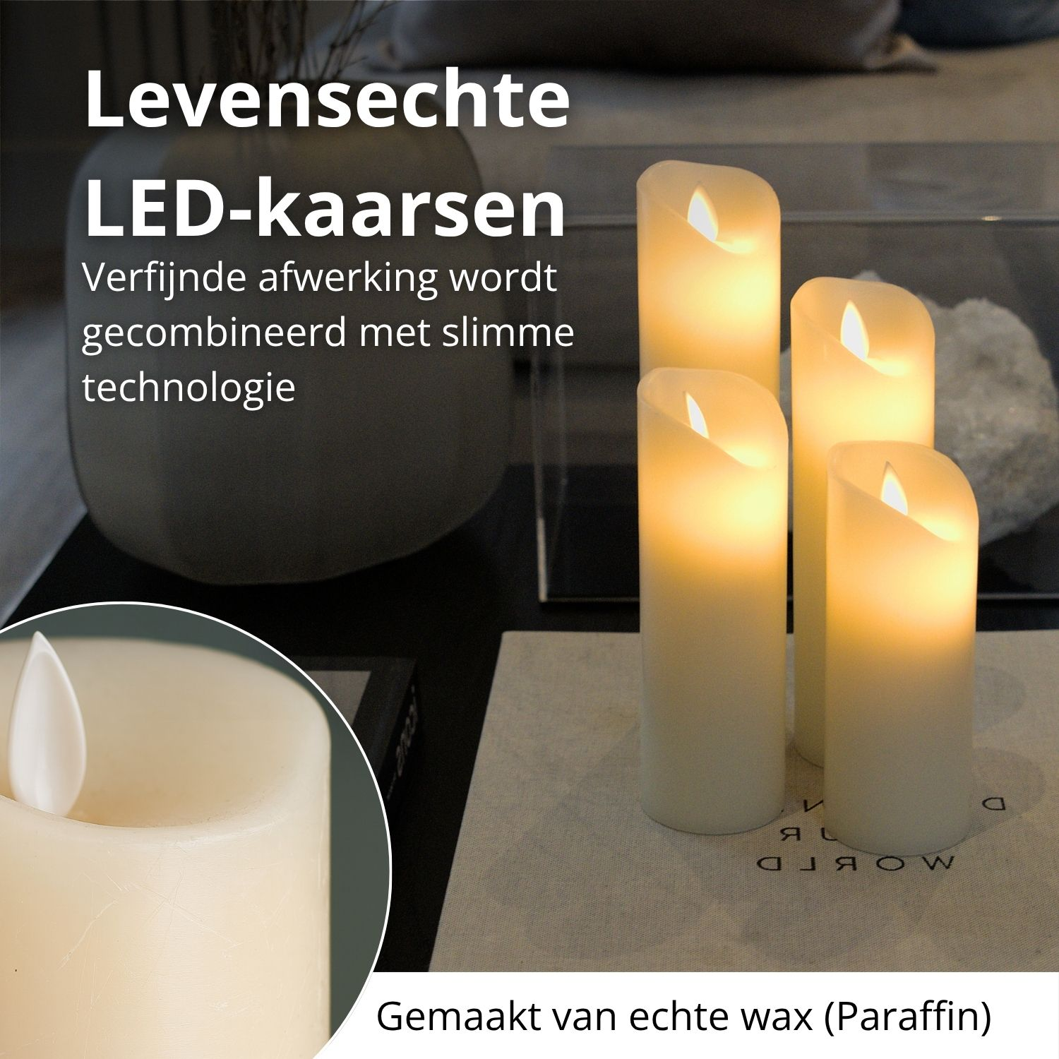 Vier LED-Kerzen mit realistischer Flammeneffekt, stehen auf weißer Oberfläche. Das Bild bewirbt LED-Kerzen.