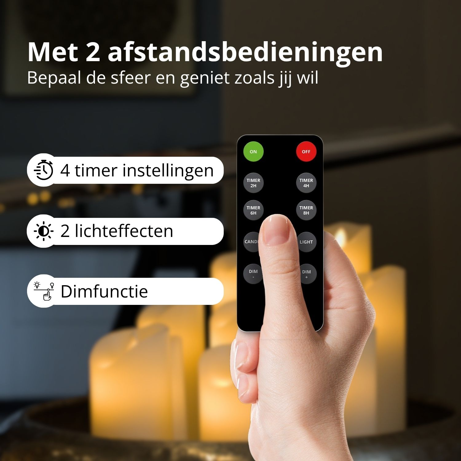 Eine Hand hält eine Fernbedienung mit den Tasten 'ON' und 'OFF'. Im Hintergrund befinden sich mehrere kerzenförmige Lichter, etwas Text.
