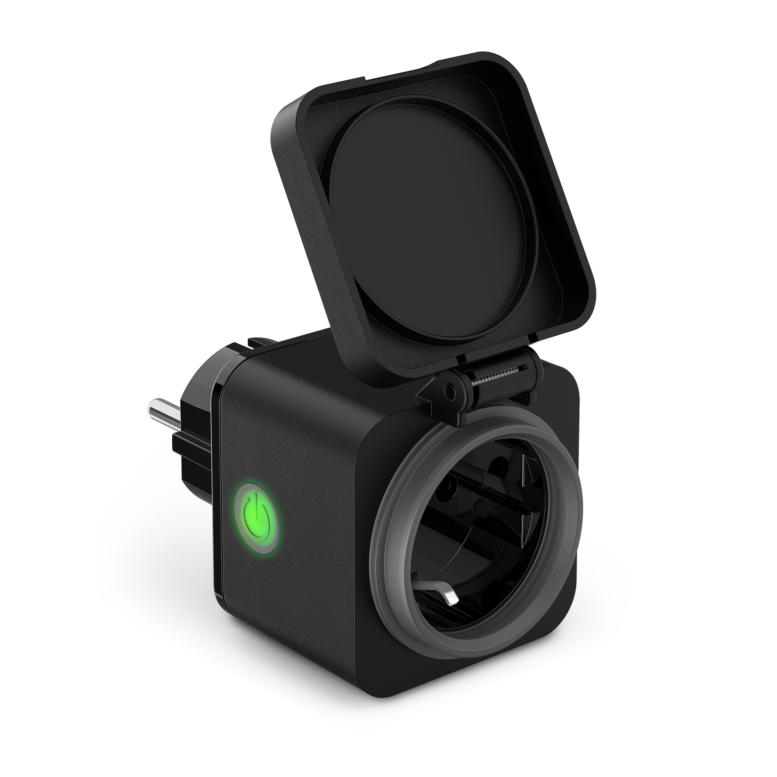 Black power adapter with open lid, green power button, and a plug. It is on a white surface with a black background.