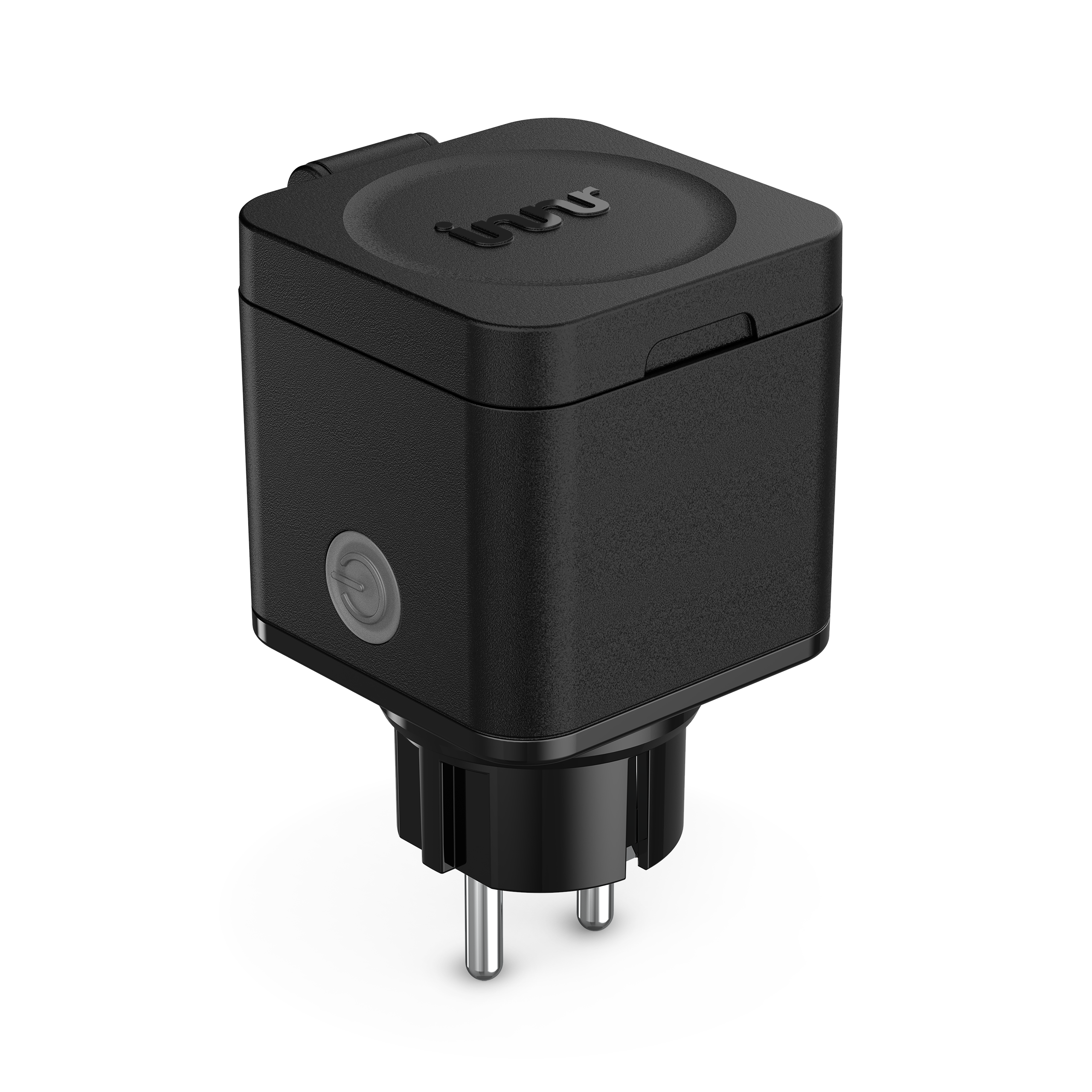 A black power adapter with the logo 'innu' on top. It has a power plug at the bottom and a button on the side.