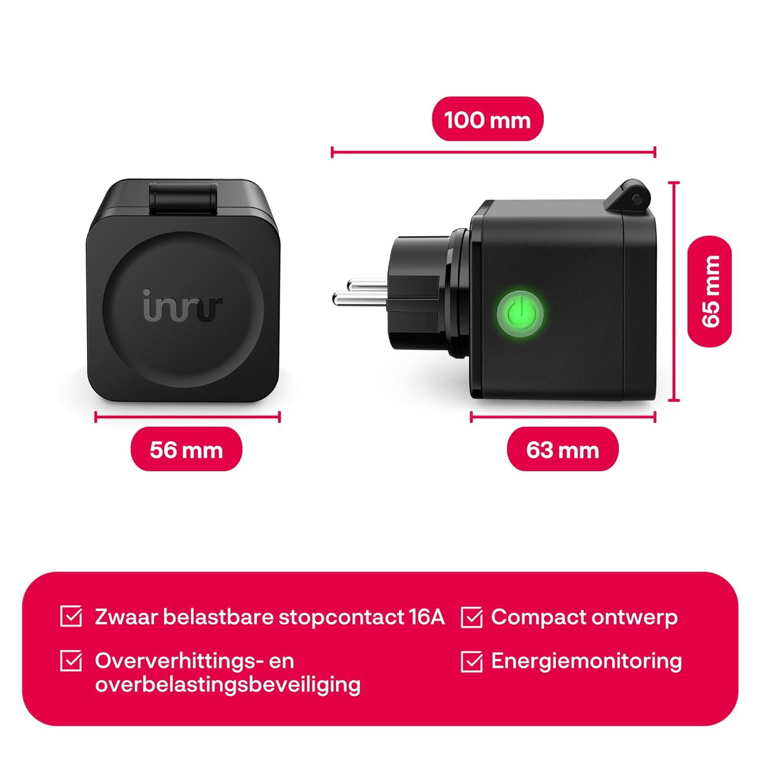 Black smart plug with dimensions. Features include overload protection and energy monitoring. Text in Dutch.