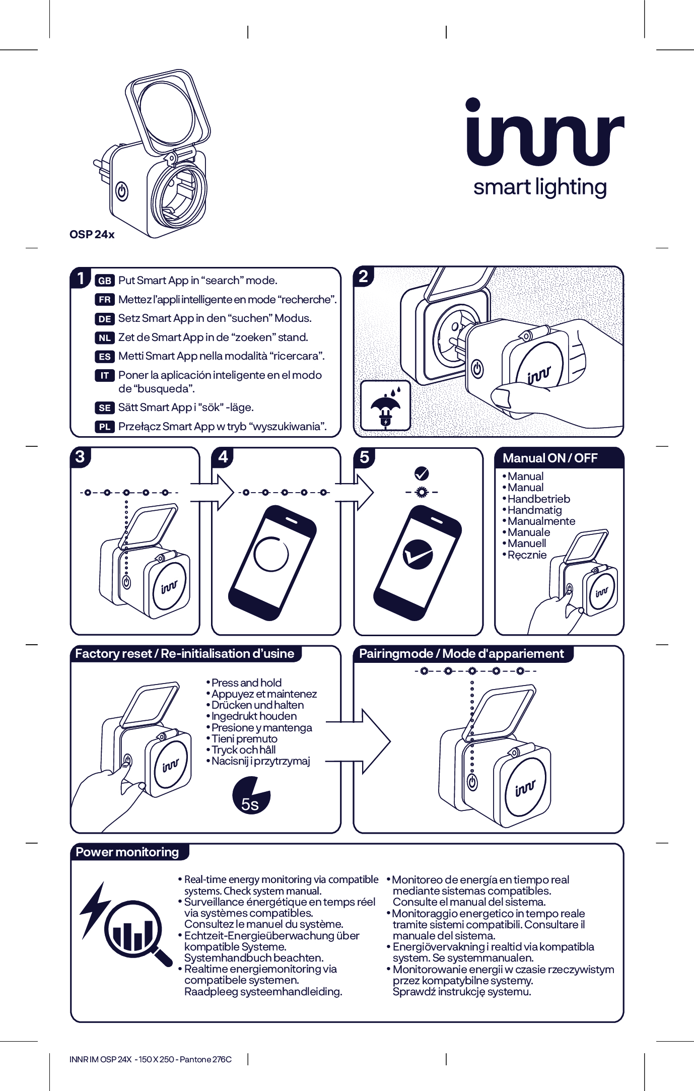Diagramme des étapes de configuration du produit : appairage, réinitialisation et surveillance de l'alimentation. Inclut logos et instructions.