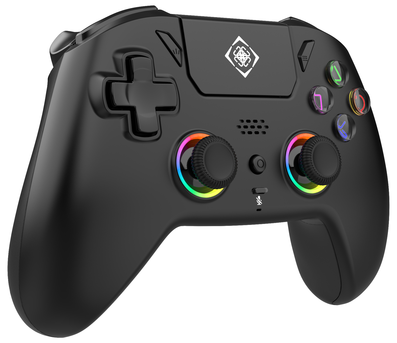 Schwarzer Gamecontroller mit regenbogenfarbenen Joysticks. Mit Tasten, Richtungspad und Logo.
