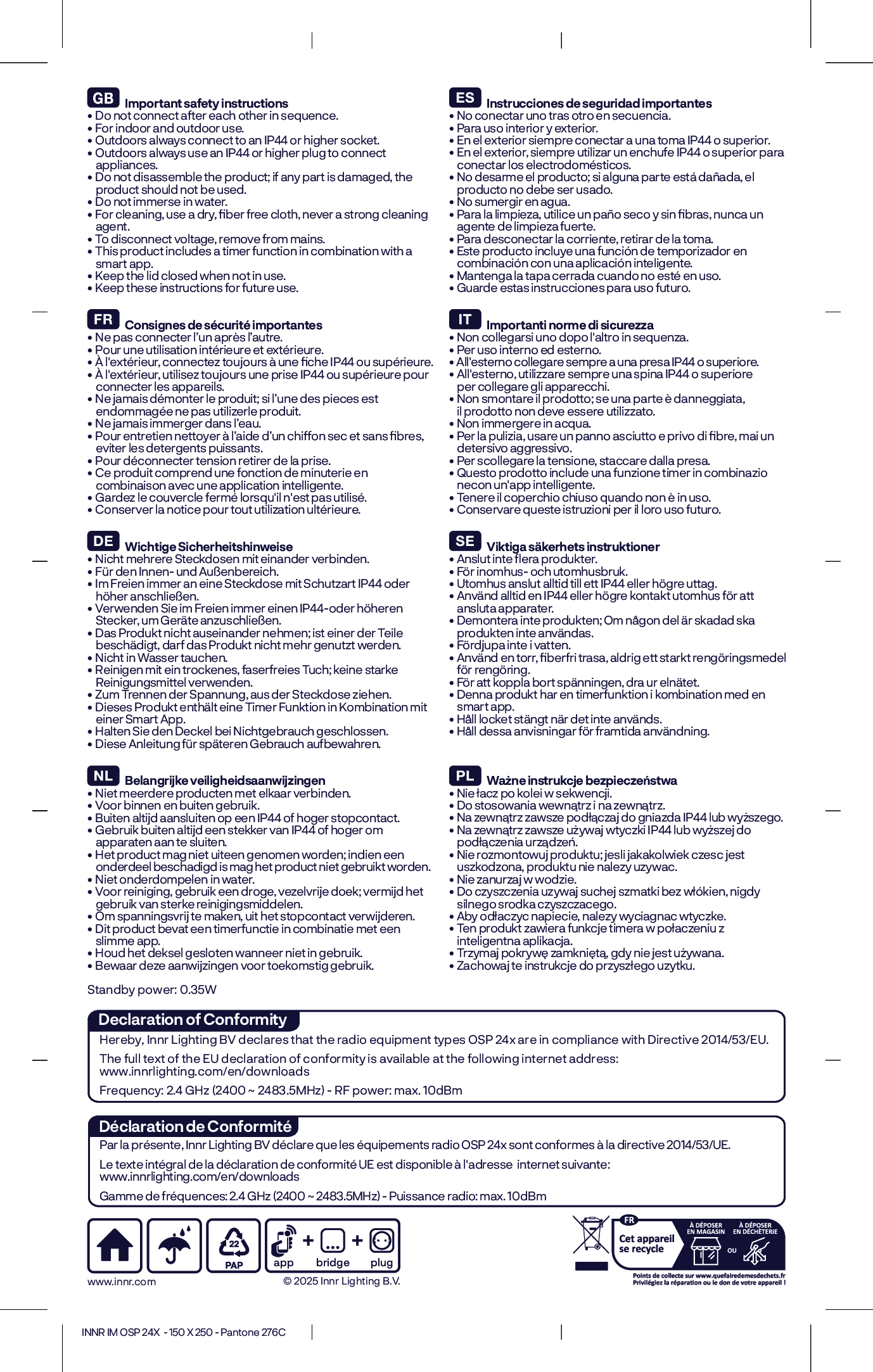 The image shows safety instructions in multiple languages.