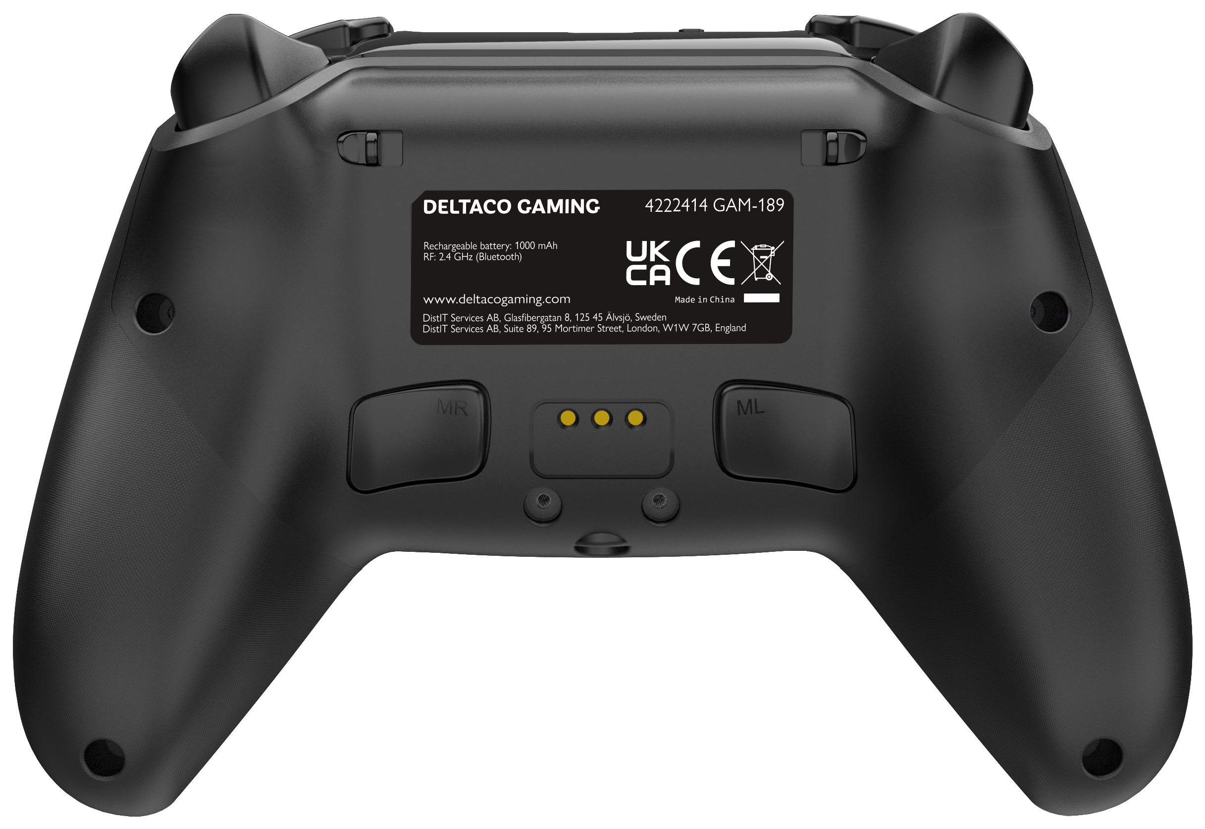 Rückansicht eines schwarzen Deltaco Gaming Controllers. Text und Logos sind sichtbar.