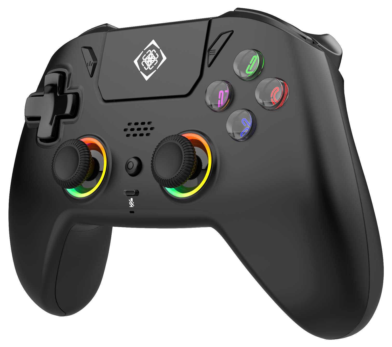 Schwarzer Gamecontroller mit bunten Knöpfen und Joysticks. Verfügt über ein Logo und ein Mikrofonsymbol. Isoliert auf weißem Hintergrund.