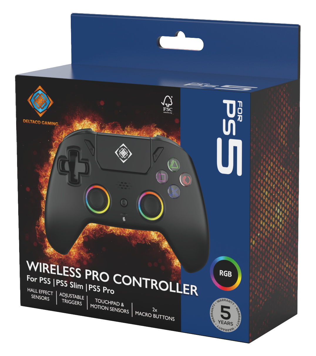 Schwarzer PS5 Wireless Pro Controller in einer Box. Es hat bunte Knöpfe und Lichter. Auf der Box steht 'Wireless Pro Controller'.