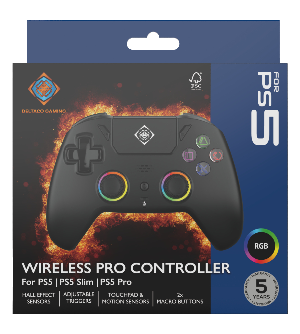 Ein schwarzer Wireless Pro Controller für PS5. Er hat farbige Tasten, ein Touchpad und ist mit dem Deltaco Gaming Logo versehen.