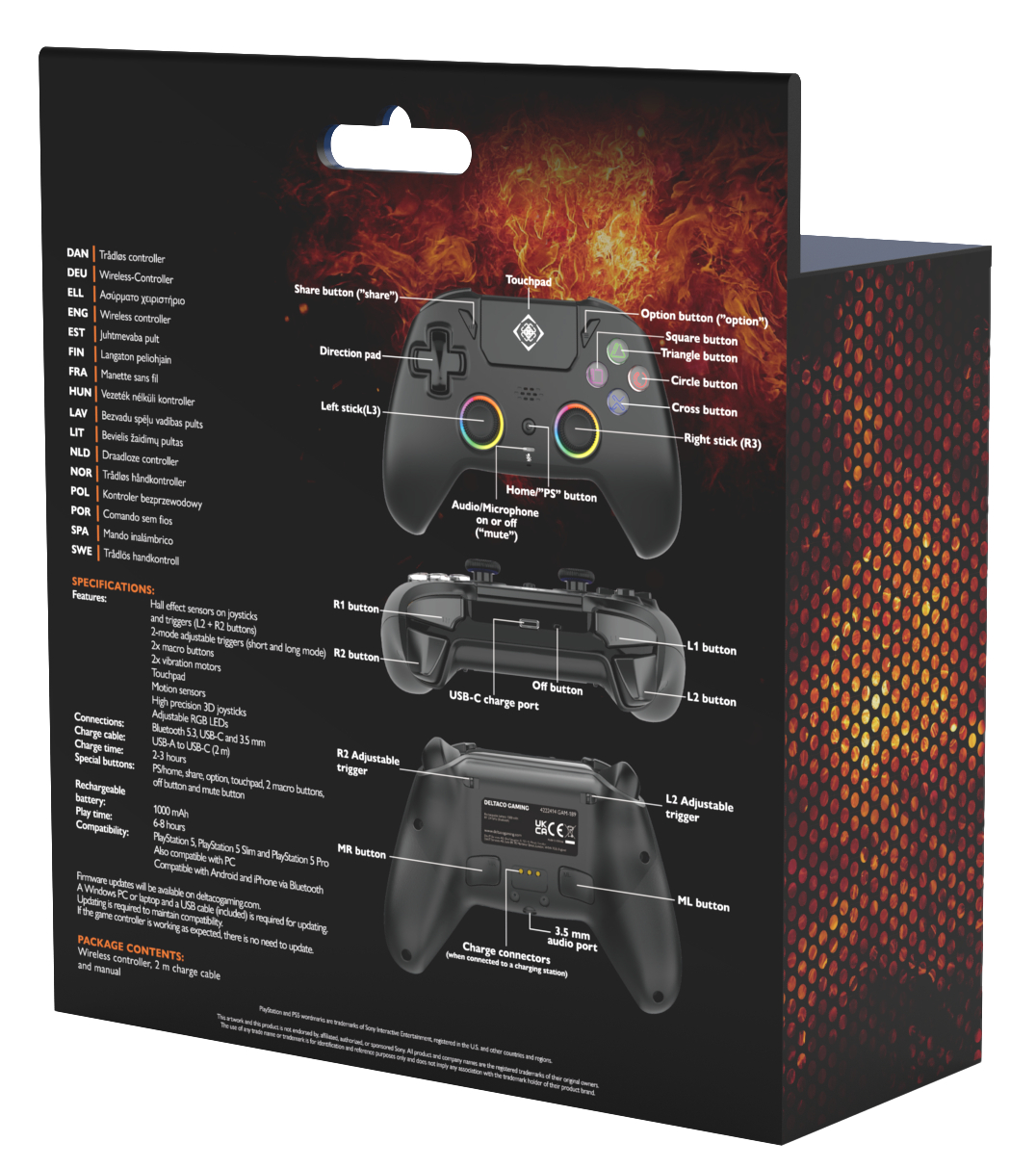 Ein schwarzer kabelloser Controller mit Knöpfen, Triggern und einem Touchpad. Text kennzeichnet Funktionen und Anschlüsse.