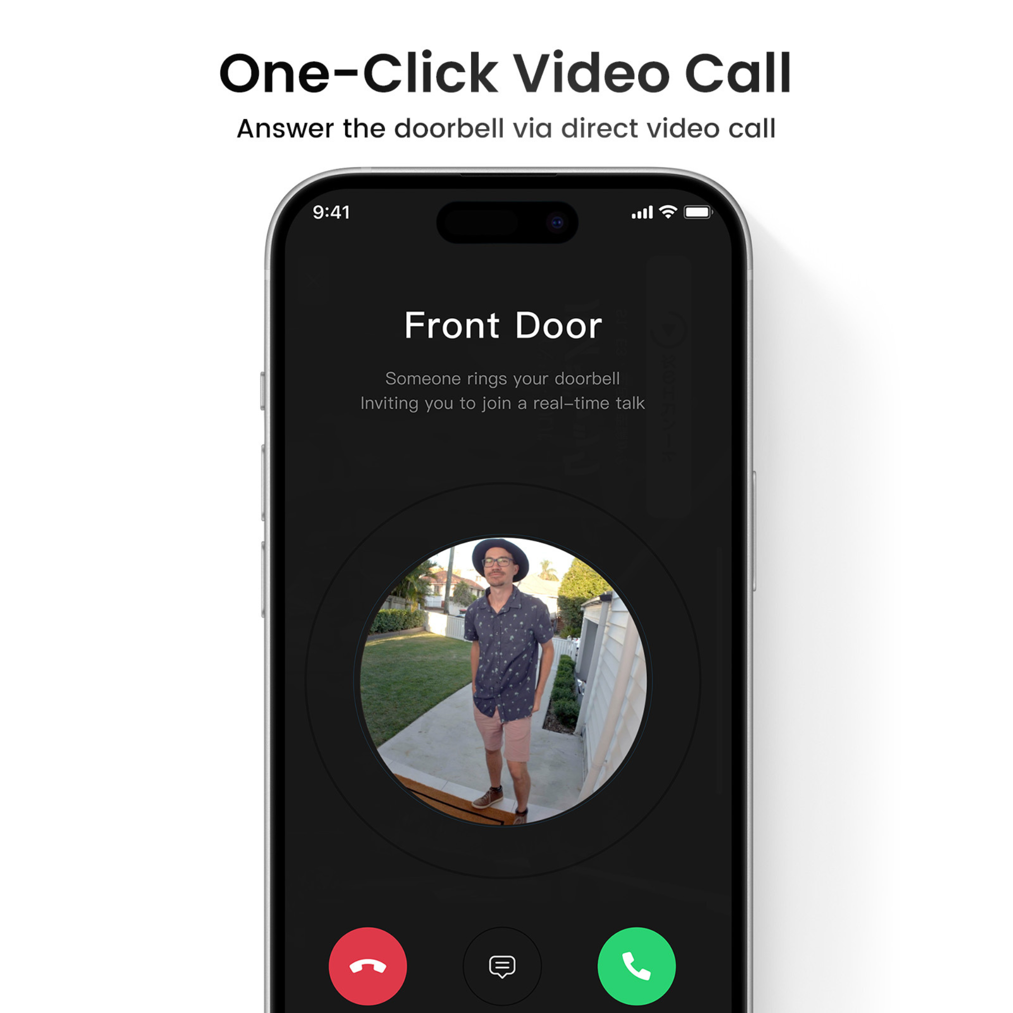 Smartphone scherm met video-oproep interface. Een persoon is op het scherm. Rode en groene belknoppen onderaan.