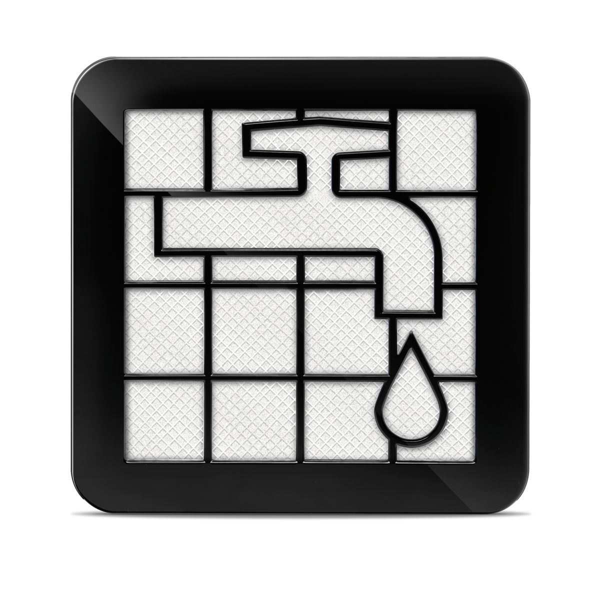 Kwadratowa ikona z czarną ramką. Wewnątrz białe tło z kranem i kroplą wody w czarnym obrysie.