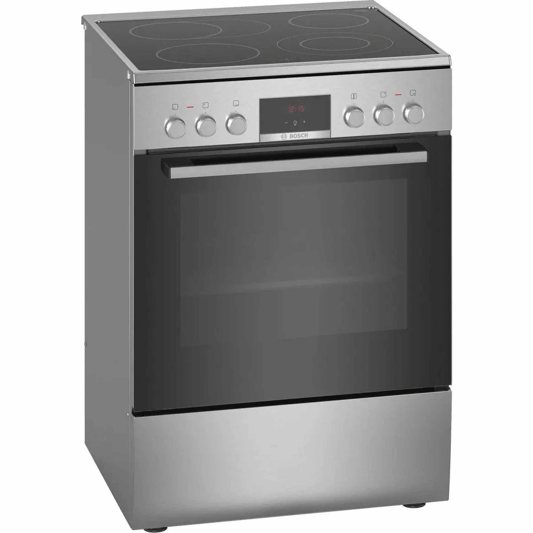 Een roestvrijstalen Bosch-oven met een zwarte glazen deur en vier zwarte kookplaat-elementen. Het heeft een digitale klok.