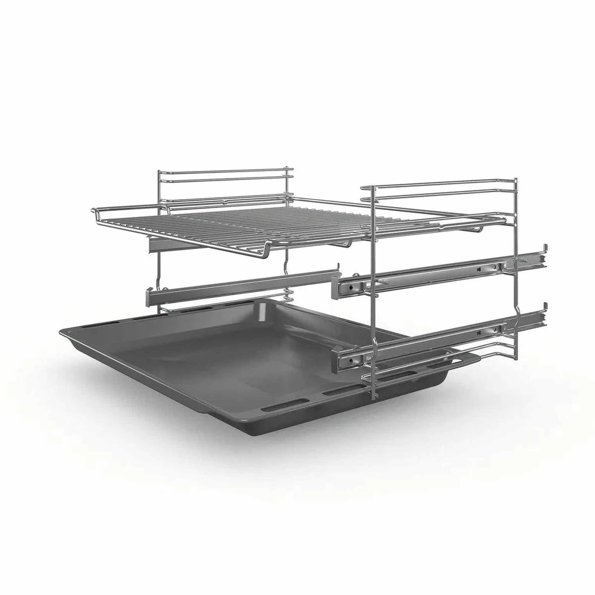 Een metalen ovenrek met een lade eronder. Het rek is gemaakt van dun, glanzend metaal.