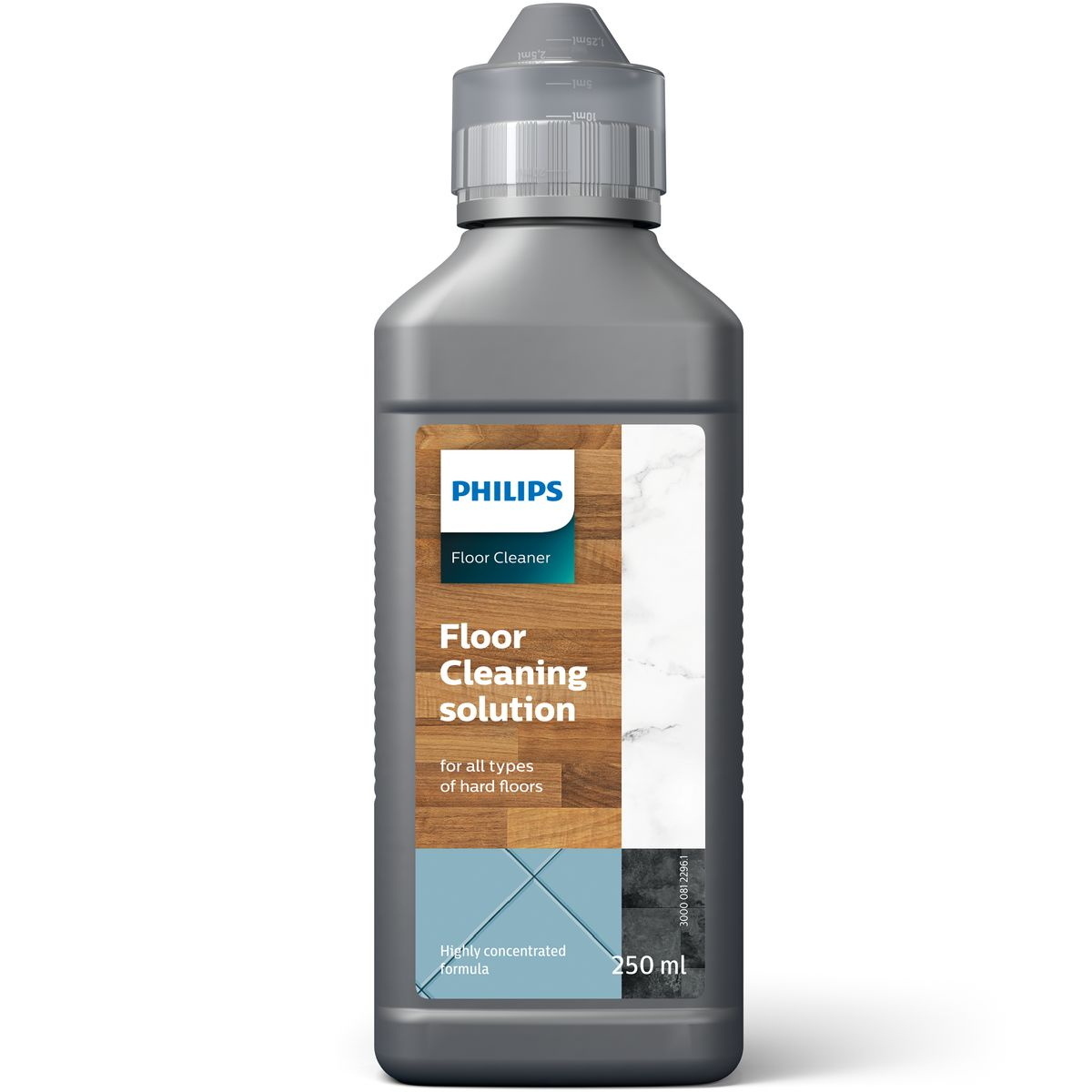 Eine graue Philips-Bodenreinigerflasche mit weißem Etikett, das Marke, Produktname und Volumen (250 ml) zeigt.