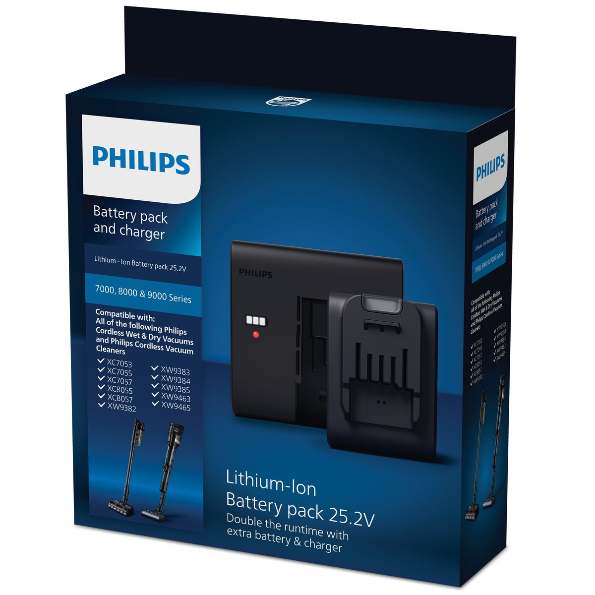 Una scatola di batteria e caricabatterie Philips. Include un caricabatterie e una batteria. La scatola mostra i dettagli del prodotto e i modelli di aspirapolvere.