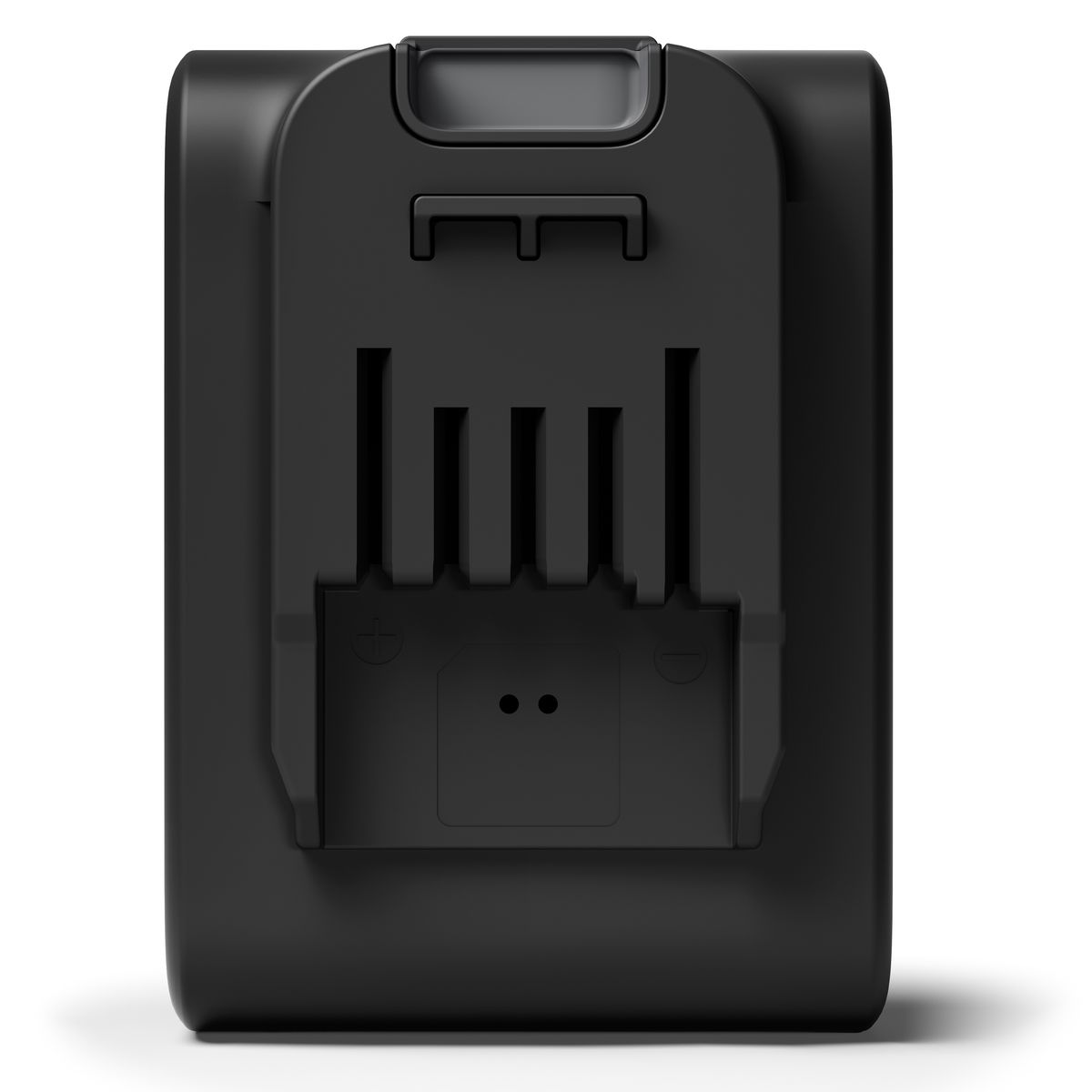 Una batteria nera rettangolare con una staffa di montaggio nera. La staffa ha delle fessure e un piccolo scomparto con due punti.