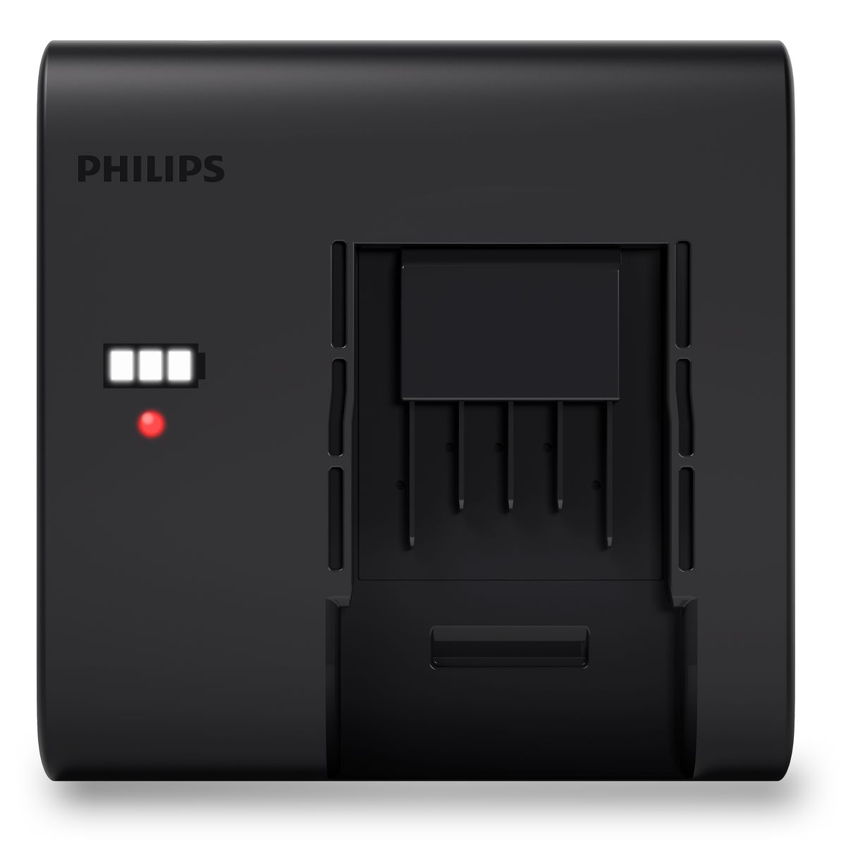 Caricabatterie Philips nero. In alto a sinistra: testo Philips e indicatore batteria. In basso a sinistra: luce rossa. Lato destro: porta di ricarica.